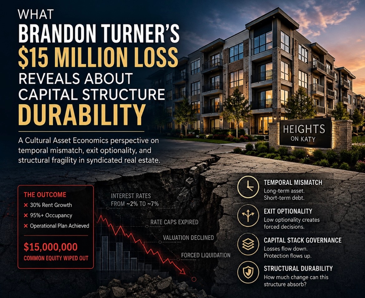 🏢 A property can achieve its business plan and still wipe out investor capital.
The Heights on Katy reportedly delivered strong rent growth 📈, high occupancy 🏠, and successful operational execution.
Yet common equity investors lost approximately 💸 $15 million.
Most commentary has focused on interest rates 📊.
I believe the more interesting question is structural:
⚠️ What happens when a long-duration asset is placed inside a short-duration financial architecture?
Using concepts from Cultural Asset Economics (CAE), this article explores:
⏳ Temporal Alignment
🚪 Exit Optionality
🏛️ Capital Stack Governance
🛡️ Structural Durability
The goal is not to critique a sponsor.
It is to understand why operational success does not necessarily imply investment success.
📈 Performance determines potential.
🛡️ Durability determines survival.
And survival ultimately determines whether potential can ever be realized.