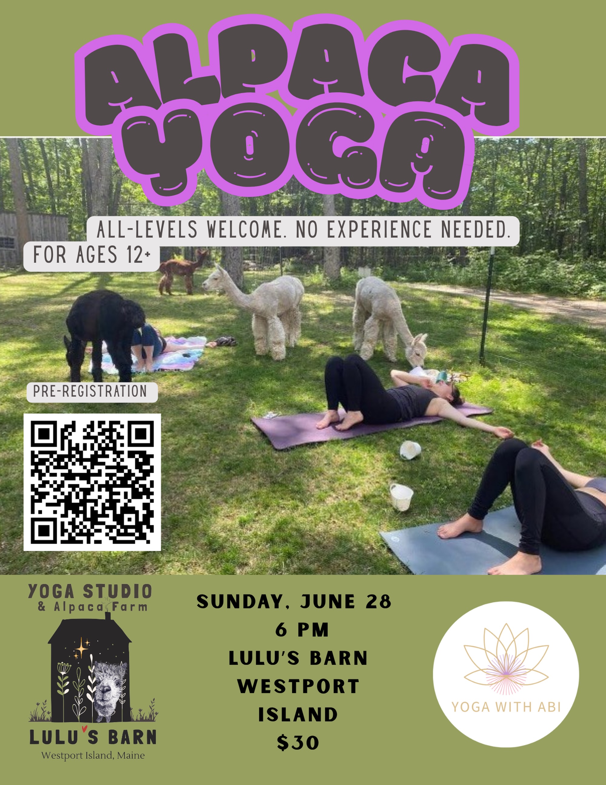 Alpaca yoga returns June 28 at 6pm! Join us at Lulu’s Barn in Westport Island, ME for outdoor yoga with our alpacas. $30, pre-register at link in bio.
#AlpacaYoga #YogaWithAlpacasMaine #LulusBarn #WestportIslandMaine #midcoastmaine