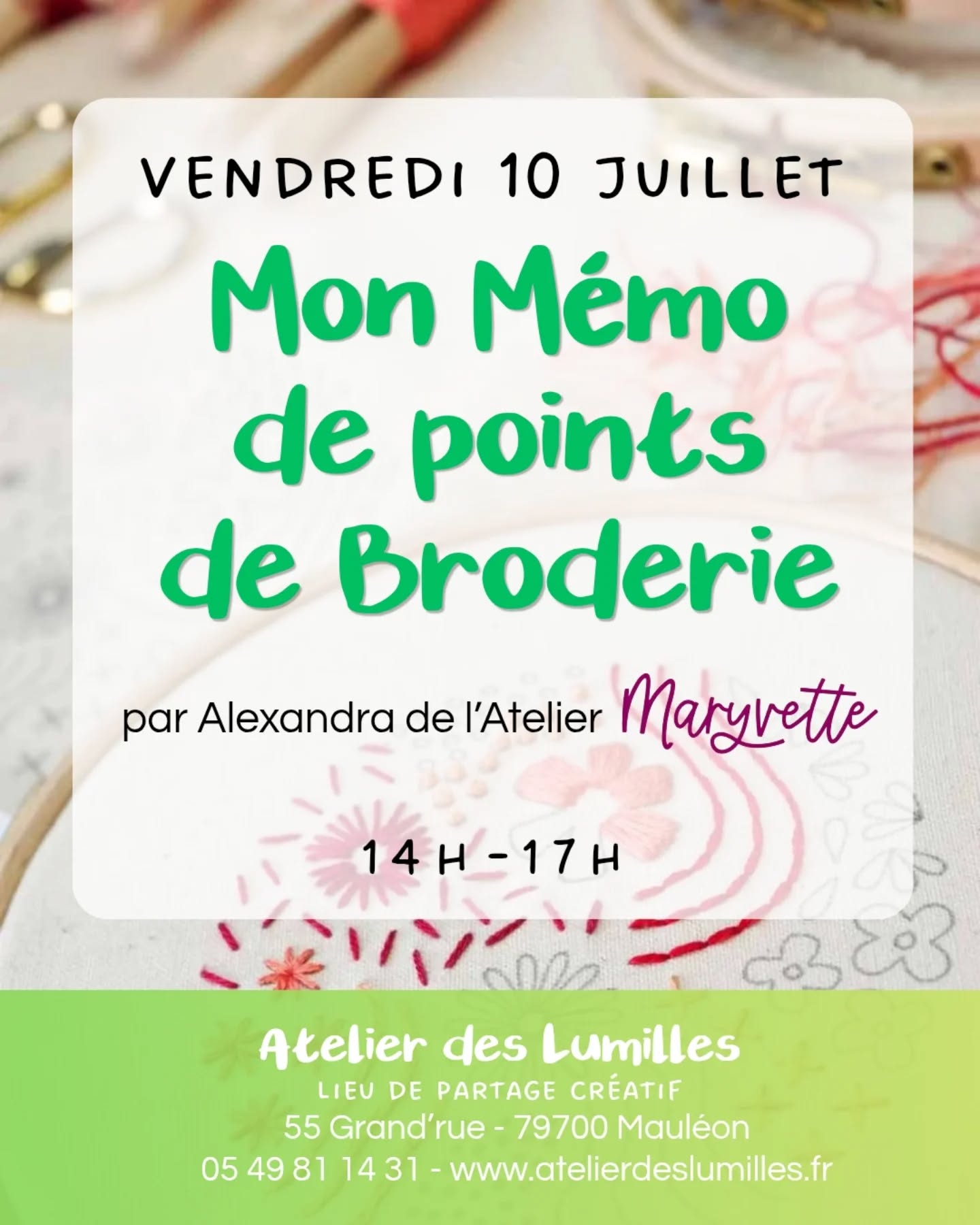 Retrouvez Alexandra de l'@ateliermaryvette pour un atelier d'initiation dans lequel vous créez votre Mémo de points de broderie 🌿
Rendez-vous le vendredi 10 juillet de 14h à 17h pour 3h de partage où je vous accompagne étape par étape, pour apprendre et maîtriser les principaux points de base de broderie.
Lors de cet atelier, nous allons créer ensemble votre premier mémo d'échantillon de points de broderie, et je vous livrerai toutes mes astuces et techbiques pour que vous puissiez être autonome une fois chez vous !
+ Durée : 3h
+ 50€ par personne
+ Matériel de broderie inclus : repartez avec votre tambour, votre assortiment d'aiguilles et un guide des points abordés pendant l'atelier
+ Débutant.e.s bienvenu.e.s
+ Places limitées (max. 6 personnes)
Tu viens ?
Rendez-vous sur www.atelierdeslumilles.fr/book-online