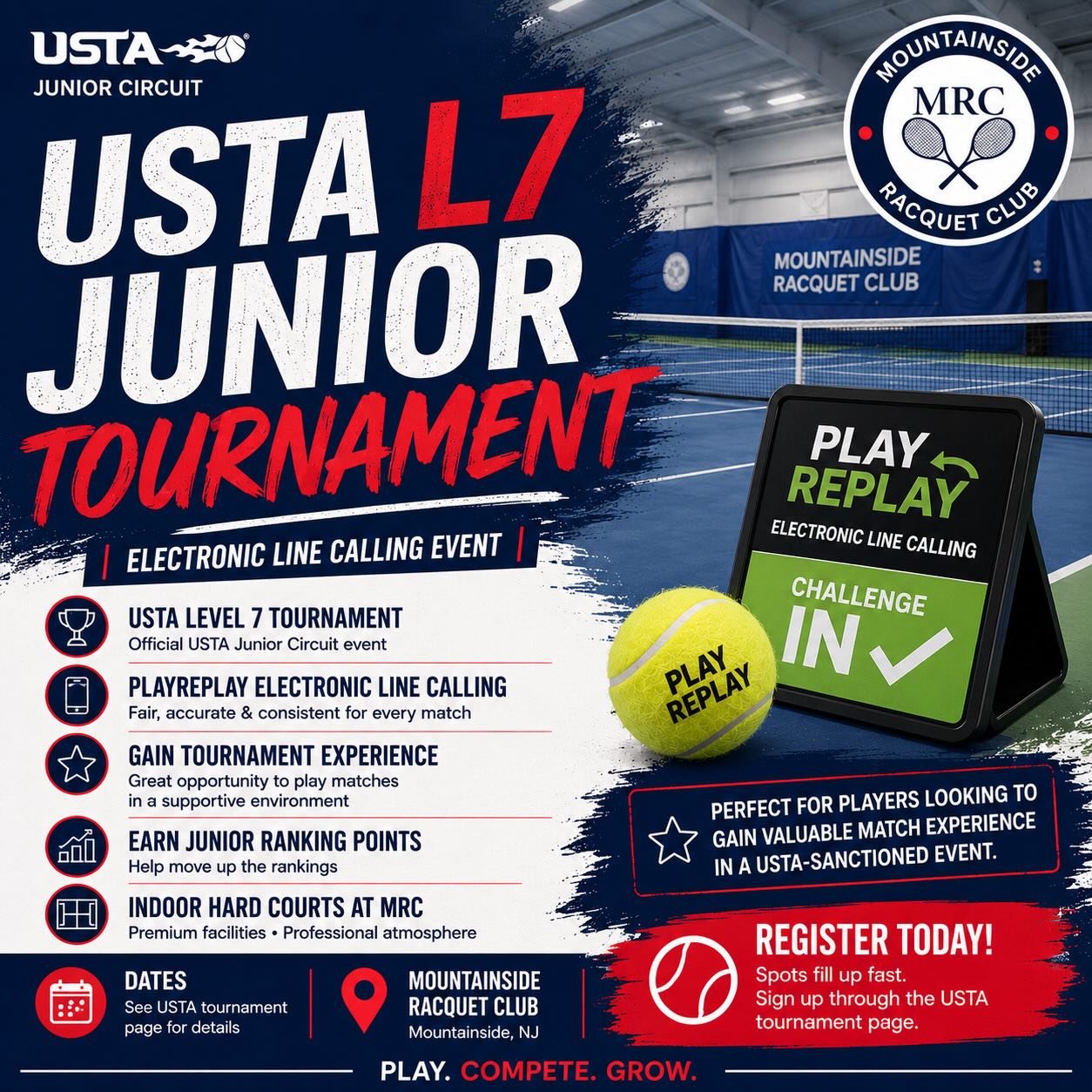 🎾 USTA L7 Tournament at Mountainside Racquet Club 🎾
Looking for tournament match play? Join us for our upcoming USTA Level 7 Junior Tournament featuring the PlayReplay Electronic Line Calling System for a professional tournament experience.
✅ USTA L7 Event
✅ Electronic Line Calling
✅ Junior Ranking Points Available
✅ Indoor Hard Courts
Register today through USTA and compete at MRC!
Link for tournament in comments!!
.
.
.
.
. #mountainsideracquetclub #tennis #youthtennis #usta #usta_eastern