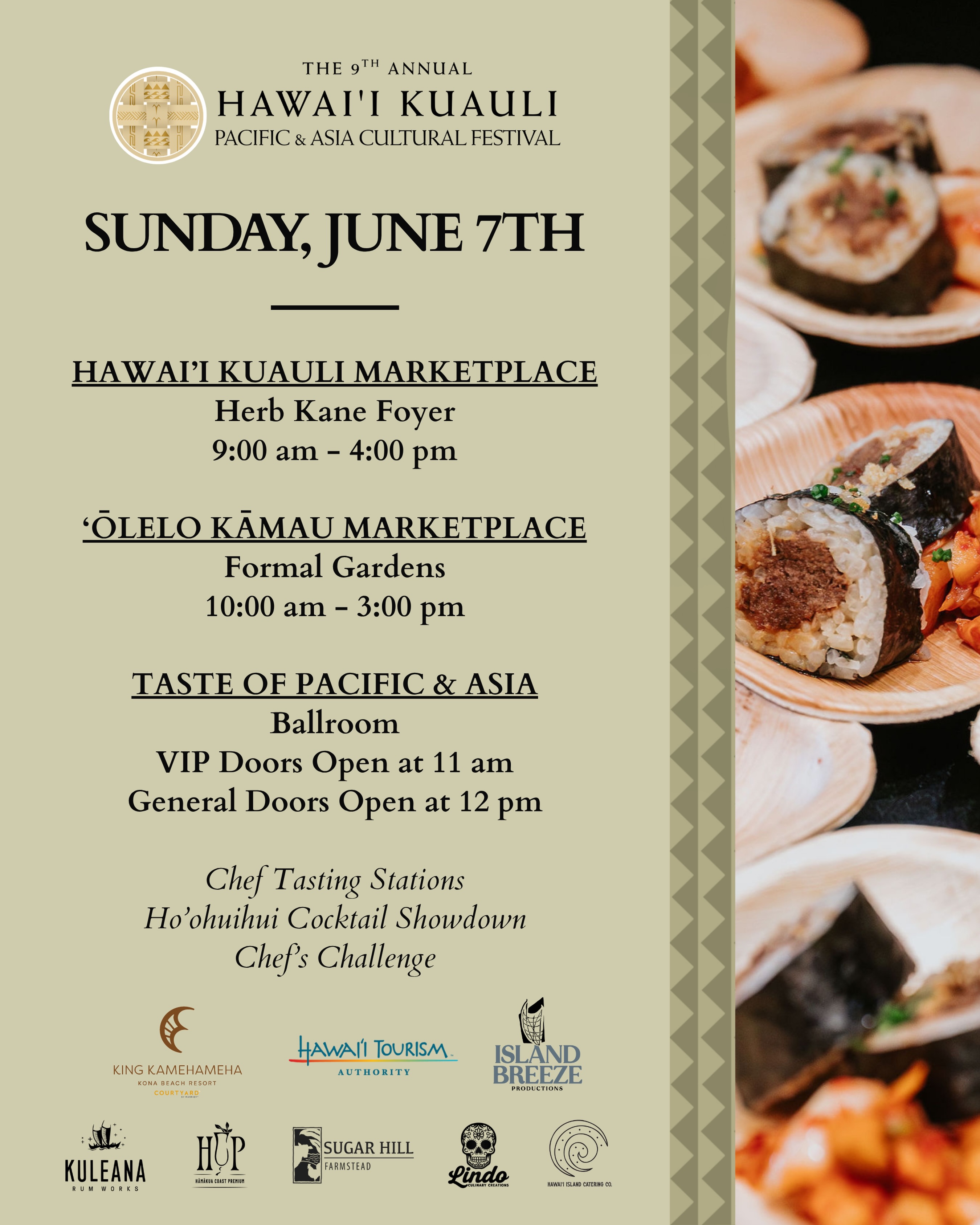 It’s the final day of Hawaiʻi Kuauli 2026! 🌺✨
Join us for one last day of culture, community, and celebration. Enjoy the Hawaiʻi Kuauli Marketplace, ʻŌlelo Kāmau Interactive Marketplace, and don’t miss the Taste of Pacific & Asia featuring the Chef’s Challenge LIVE and Ho‘ohuihui Cocktail Showdown.
Check out today’s schedule and help us close out an incredible festival weekend!
#hikuauli2026 @gohawaii @hawaiihta