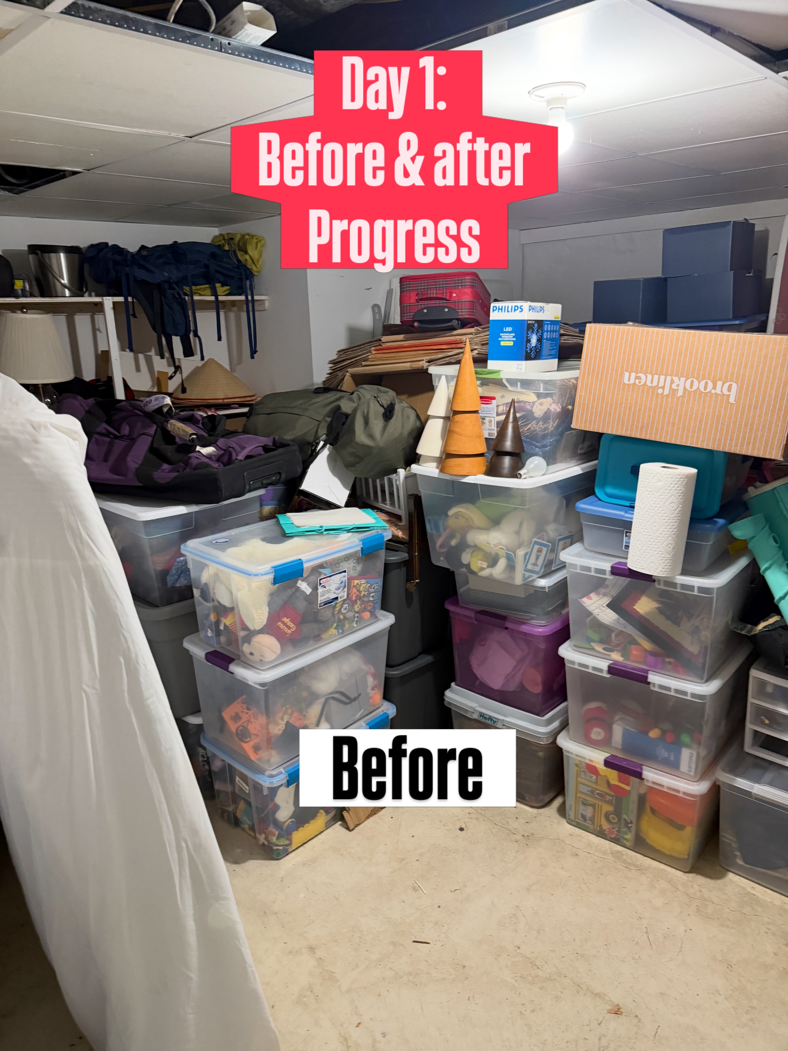 Before → After.
Basement edition. Day 1 done — Day 2 coming soon. Step 1- Clearing out the storage areas to make space for more from other areas.
Step 2- clearing out all the storage from a bonus room in the basement and creating a small playroom so the family can get their basement family room back!