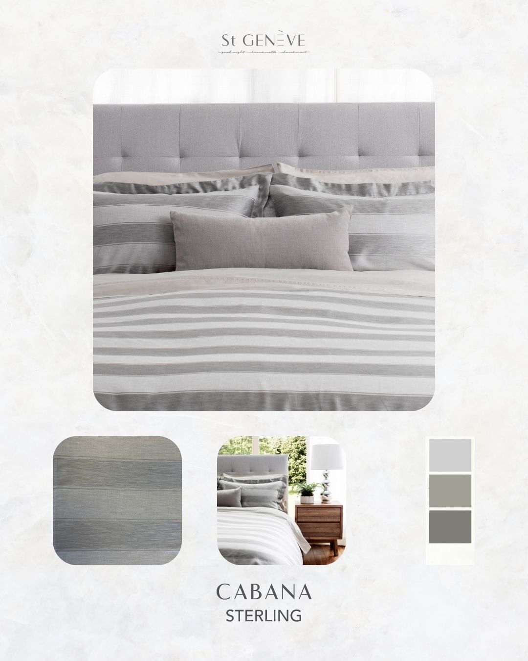 CABANA STERLING | JACQUARD
The softest cotton in our collection, Cabana’s soft hand is sure to inspire dreams of beachside relaxation. The broad melange stripes evoke memories of beach blankets, umbrellas, and summer awnings.
100% extra-long staple cotton
300 thread count
Fabric from Italy
Sewn in Canada
stgeneve.com/product-page/cabana-jacquard
#TextileArt #FabricDesign #PatternDesign #CreativeFabrics #DesignInspiration #FabricPatterns #HomeDecor #ContemporaryTextiles #DesignerFabrics #InteriorDesign #GeometricPatterns #ModernInteriors #TextileLovers #BeyondBotanicals