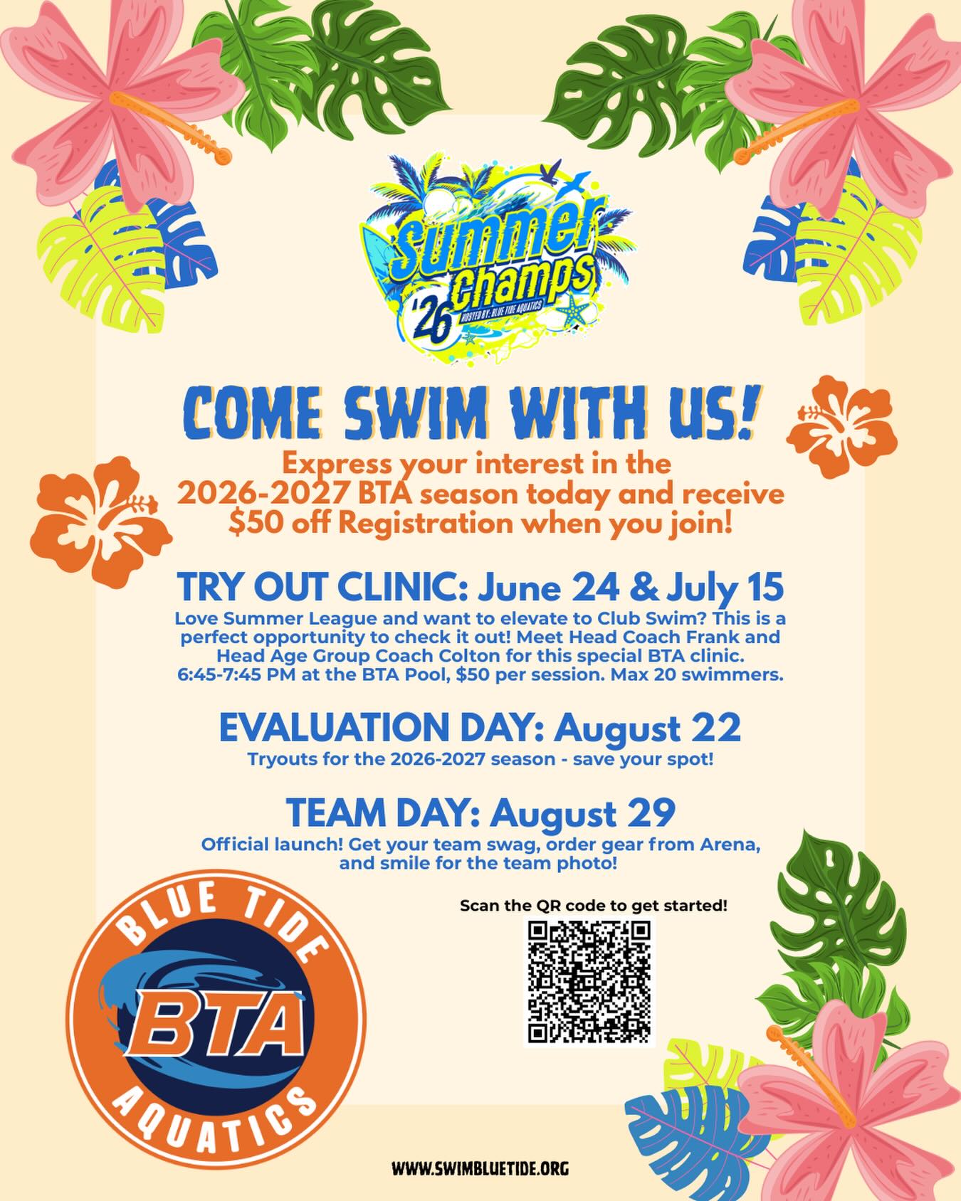 We are excited to host NWAL Summer Champs today! 🌊🌺🌴
We love swim and we’d love for you to come check out BTA! We are offering “try us out” clinics on June 24 and July 15, ahead of Evaluation Day on August 22.
📝 Sign up today or express your interest in joining the 2026-2027 season by scanning the QR code.
The Tide is Rising! 💙🧡
