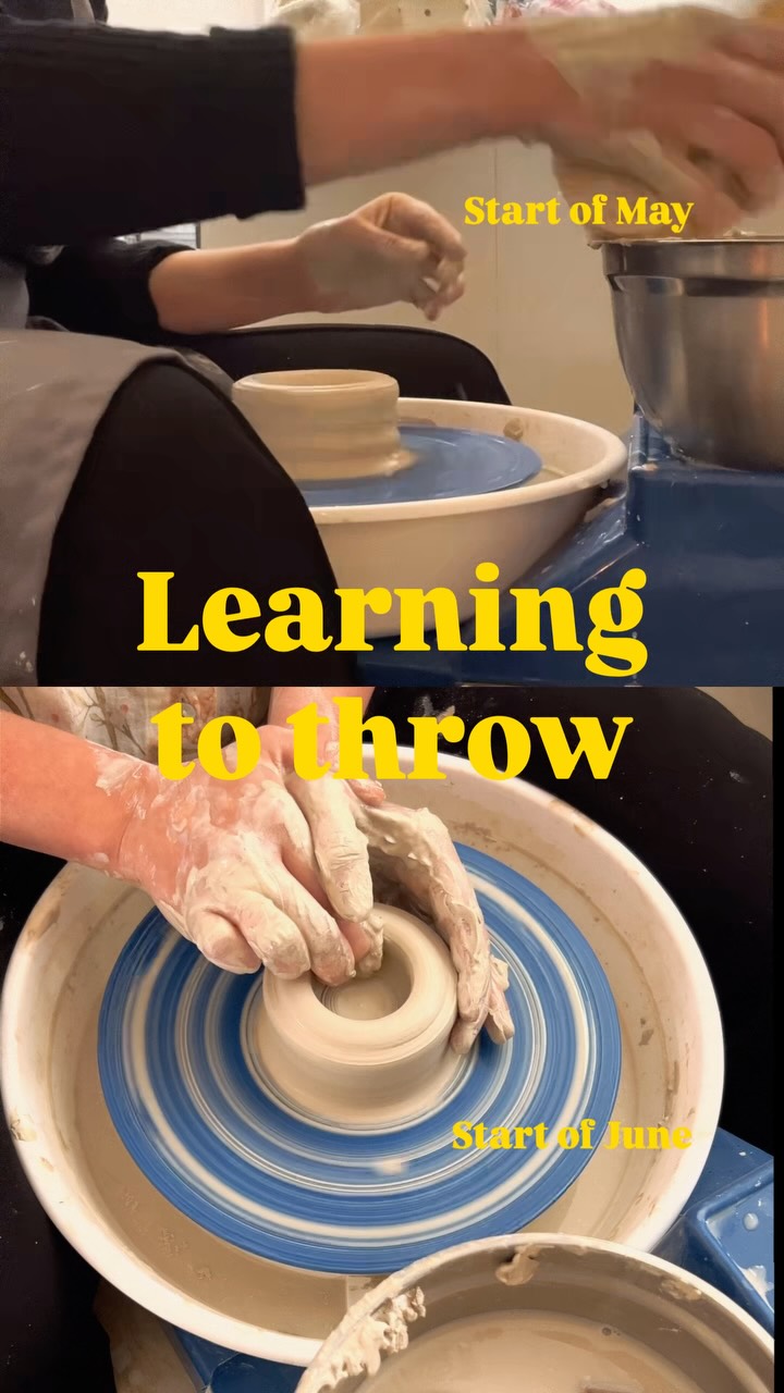 I’m still getting used to the idea that these are indeed my hands, learning to throw!
After graduating artschool - 8 years ago, I was against everything that seemed (to me) industrial or which had certain ‘rules’. I wanted to fill my surroundings with crooked, handpinched pots. And so I handpinched hundreds of em👌
But as time progressed, my opinion of things also somewhat eased and after trying out a wheelthrowing session at @kleistudio_reduzum (and after learning from @lydiaelisabethpottery that wheelthrown pots don’t have to look industrially made) I decided to buy a small wheel, why not.
And I love it.
I am following the video courses of @studiobloei.theclayclub (I have watched these for hours during breastfeeding, Robin makes nice videos) and slowly I have been learning how it works. That feeling of clay sliding through my hands is new, and lifting up a cup.. satisfying 🫡🤝
My first bowl just exited her first fire and I don’t know what it is but I love the feel (while trying to keep the handmade aspect).
Cheers (with a crooked wheelthrown cup) to more!
#ceramics #pottery #learningtothrow #stoneware