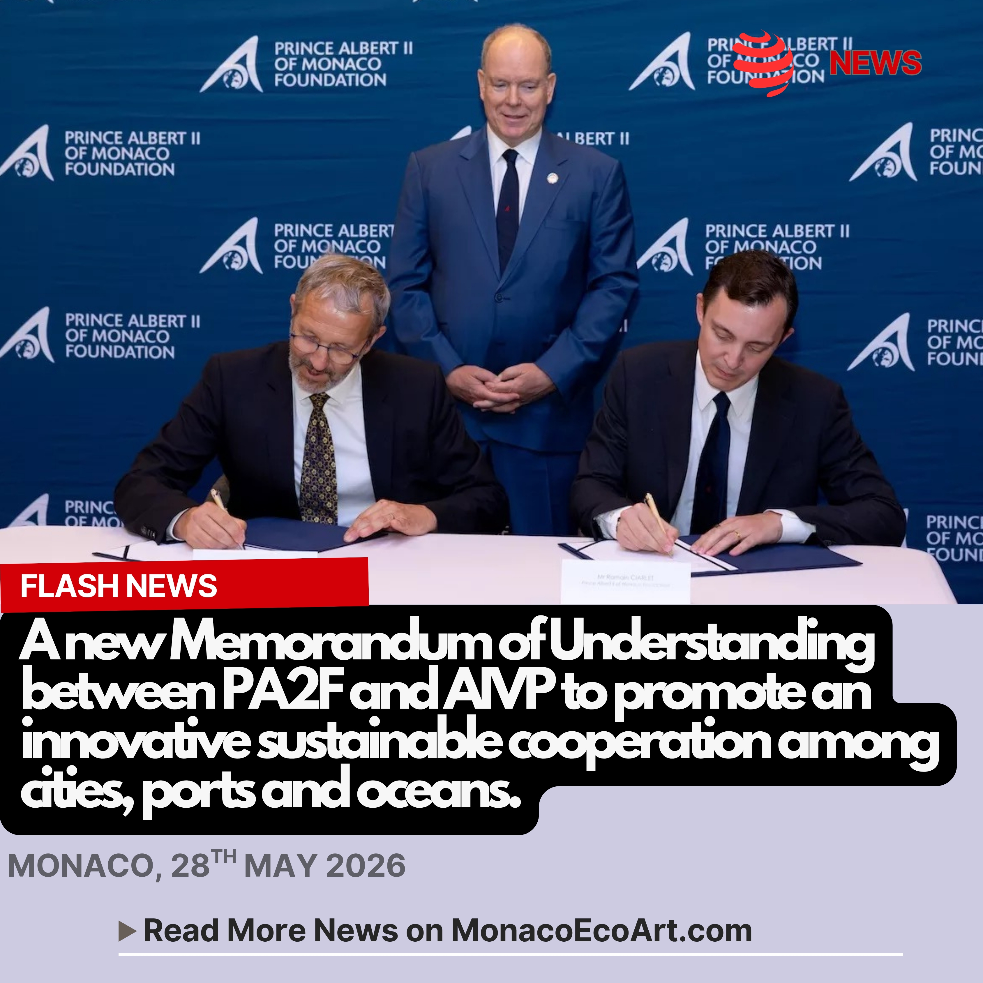 @mo.eco_art MonacoEcoArt.com #flash #latest #news #agreement #governance #sustainability #port #maritime #transport #blueeconomy #innovation 🌊🛳️✍️On the 28th May 2026, the Prince Albert II of Monaco Foundation – PA2F - and the International Association Cities and Ports – AIVP – signed at the Grimaldi Forum a Memorandum of Understanding, within the 2nd edition of the Blue Economy & Finance Forum BEFF, in the presence of H.S.H. Prince Albert II of Monaco, to encourage a fully #sustainable and #innovative development among cities, ports and #oceans 🌐🗯️By leveraging their respective strengths, the Foundation and AIVP will foster practical #solutions for ocean protection, primarily focusing on two existing frameworks: 1. The Ocean Innovators Platform: an initiative by the Prince Albert II of Monaco Foundation to support and highlight pioneering solutions in #marine sustainability; 2.The AIVP 2030 Agenda for Sustainable Port Cities: a global #commitment focused on Sustainable Development and Environmental Transition of land-sea interfaces 🤝⚓ Through shared initiatives, expert #exchanges, and cross-sector #networking, the two organisations will work to bridge the #gap between environmental #protection and the rapidly evolving Blue Economy 🗣️Romain Ciarlet, Vice-Chairman and CEO of the Prince Albert II of Monaco Foundation, pointed out: “By joining forces with AIVP, we aim to foster dialogue, support innovators and promote solutions capable of reconciling economic development, ocean protection and the sustainable transformation of coastal territories 🔹Bruno Delsalle, General Director of AIVP, concluded: “This partnership (…) marks a new milestone in recognising and accelerating AIVP's work in support of port cities around the world (...) our two organisations complement one another (…this agreement) reflects our shared ambition to harness the full potential of city-port ecosystems to foster the emergence of new value chains focused on the blue economy" 📸 © Philippe Fitte BEFF @fondationprincealbert2 @beffmonaco @grimaldiforum - Layout and Content: MonacoEcoArt.com