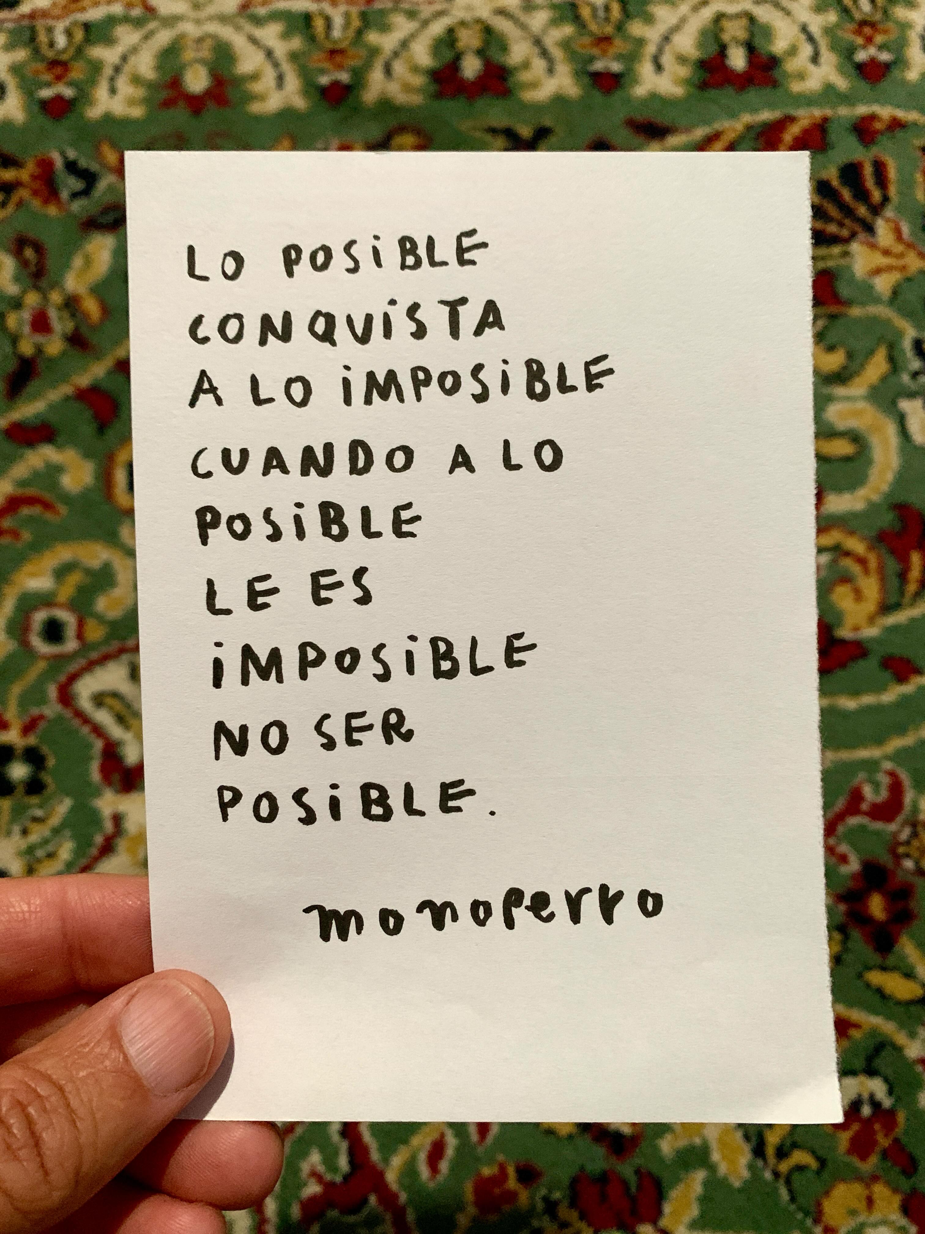 Lo posible
conquista
a lo imposible
cuando a lo
posible
le es
imposible
no ser
posible.
#cancamusas
#elclubimperfecto
#dibujomágico
