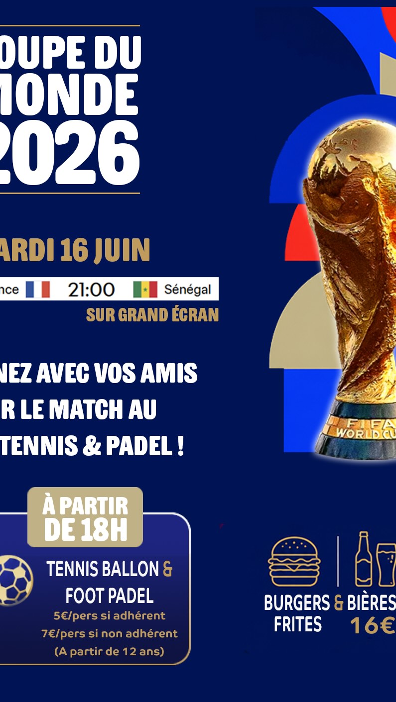 🇫🇷 ALLEZ LES BLEUS 🇫🇷
À l’occasion du premier match de l’Équipe de France face au Sénégal, le club vous donne rendez-vous le mardi 16 juin pour une soirée sportive et conviviale !
À partir de 18h : Tournoi Foot/Padel & Foot/Tennis
Constitue ton équipe de 2 et inscris-toi au tournoi pour venir affronter les autres équipes dans la bonne humeur.
À l’issue du tournoi, rendez-vous sur la terrasse pour suivre ensemble la diffusion du match France - Sénégal à 21h.
Pour l’occasion, le @bocafeaguilera propose une formule restauration : burger, frites et boisson afin de profiter pleinement de la soirée.
⚠️ Inscription obligatoire pour participer au tournoi.
Dress code vestimentaire : Bleu Blanc Rouge 🇫🇷
On compte sur vous pour venir nombreux, en équipe et aux couleurs de la France 🔥
#Coupedumonde2K26 #Tournoi #BOTP #Foot #TennisEtPadel
