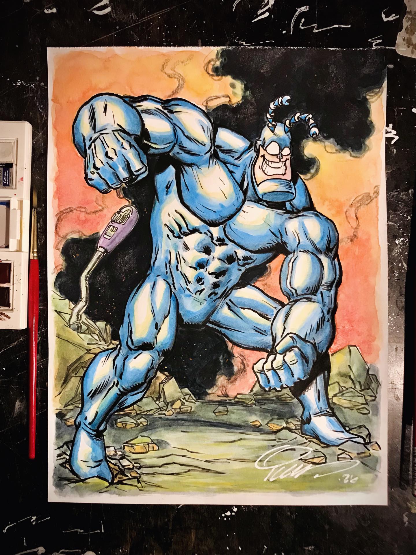 UPDATE: The pre-show list for having a piece done when the doors open at Heroes Con is closed. You can still jump on my at-show list. Those works will be done while I'm there, in the order they arrive, and in black and white. Thank you!
The Tick full figure mixed media on bristol board. Commission list for Heroes Con is still open. I will not be bringing my watercolor stuff with me, so color is only available ahead of time. I will do black and white pieces at the show. Hope you dig this one. #comics #comicart #thetick #comicartist #watercolors