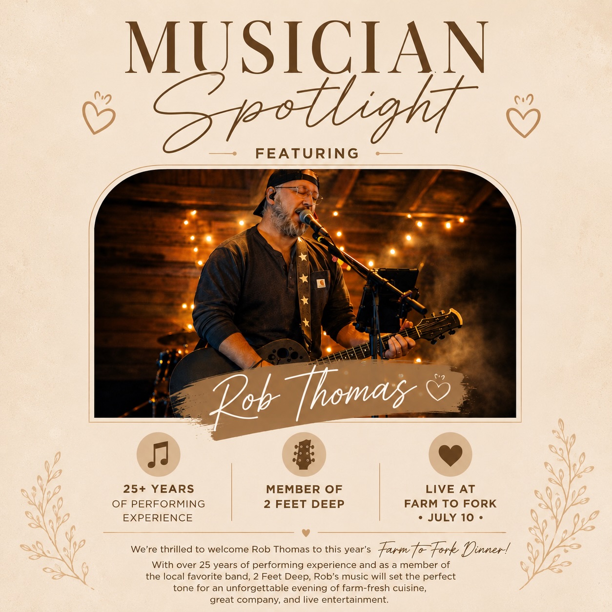 We are so excited to announce our musician for our Farm to Fork Dinner! 🍽️🎶
Join us on July 10 for an unforgettable evening of incredible food, great company, and live music by Rob Thomas!🎶
Still time to get your tickets for this one time experience!✨
🎟️https://ticketscandy.com/e/sunsets-at-the-rose-presents-a-farm-to-fork-dining-experience-18239