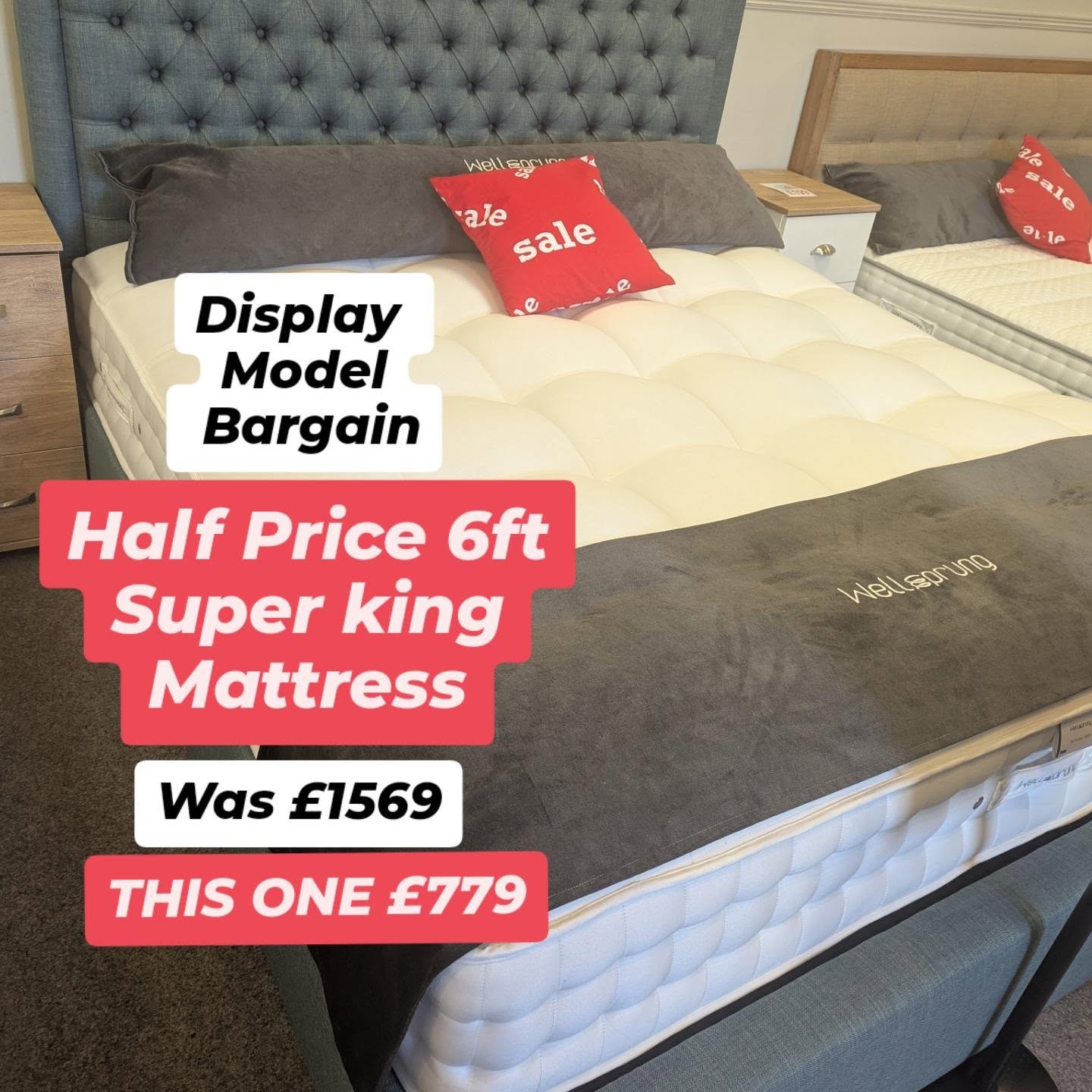 Luxurious Sumptuous Soft feel. 3000 pocket springs, natural wool fillings, hand side stitched. Internally tufted, double sided. ONE DISPLAY MODEL ONLY!!