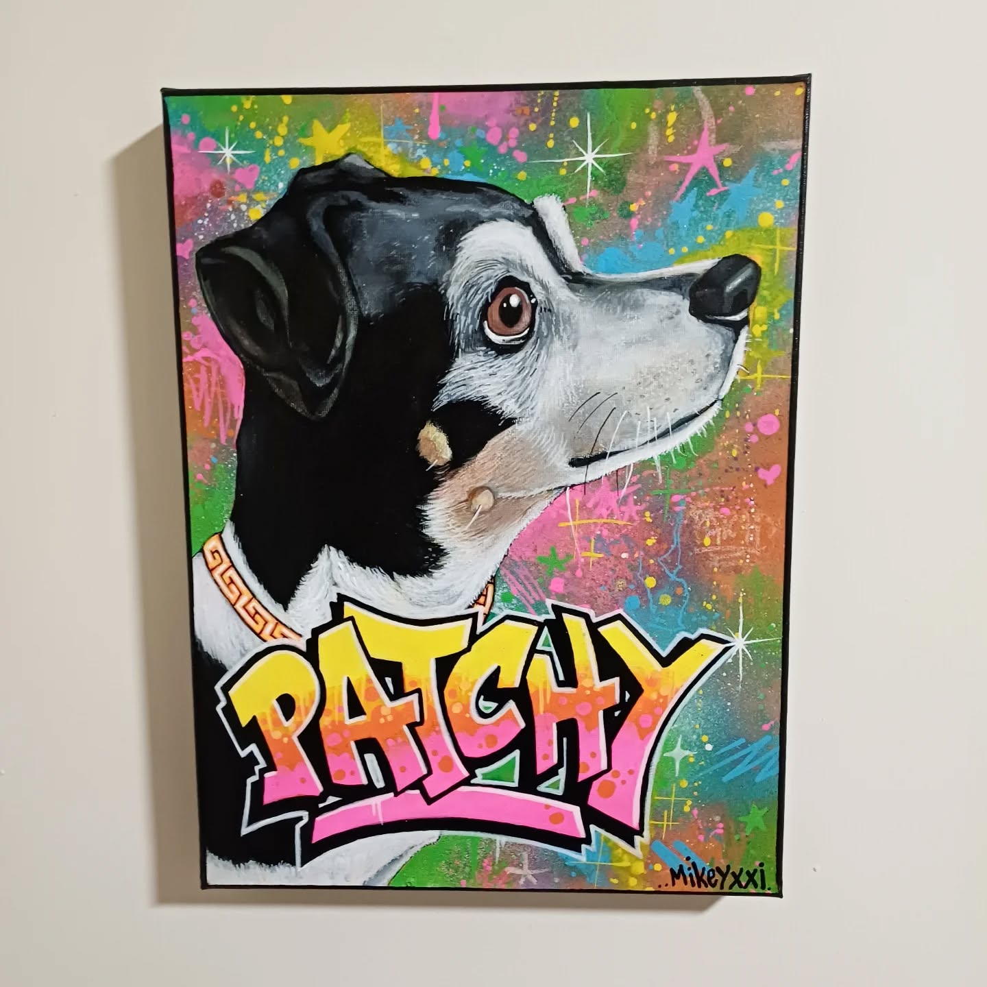 "Patchy" #Puppy #portrait by Mikey xxi . Private commission. Happy Bday Ian. 2026 #mixedmedia acrylic and spray