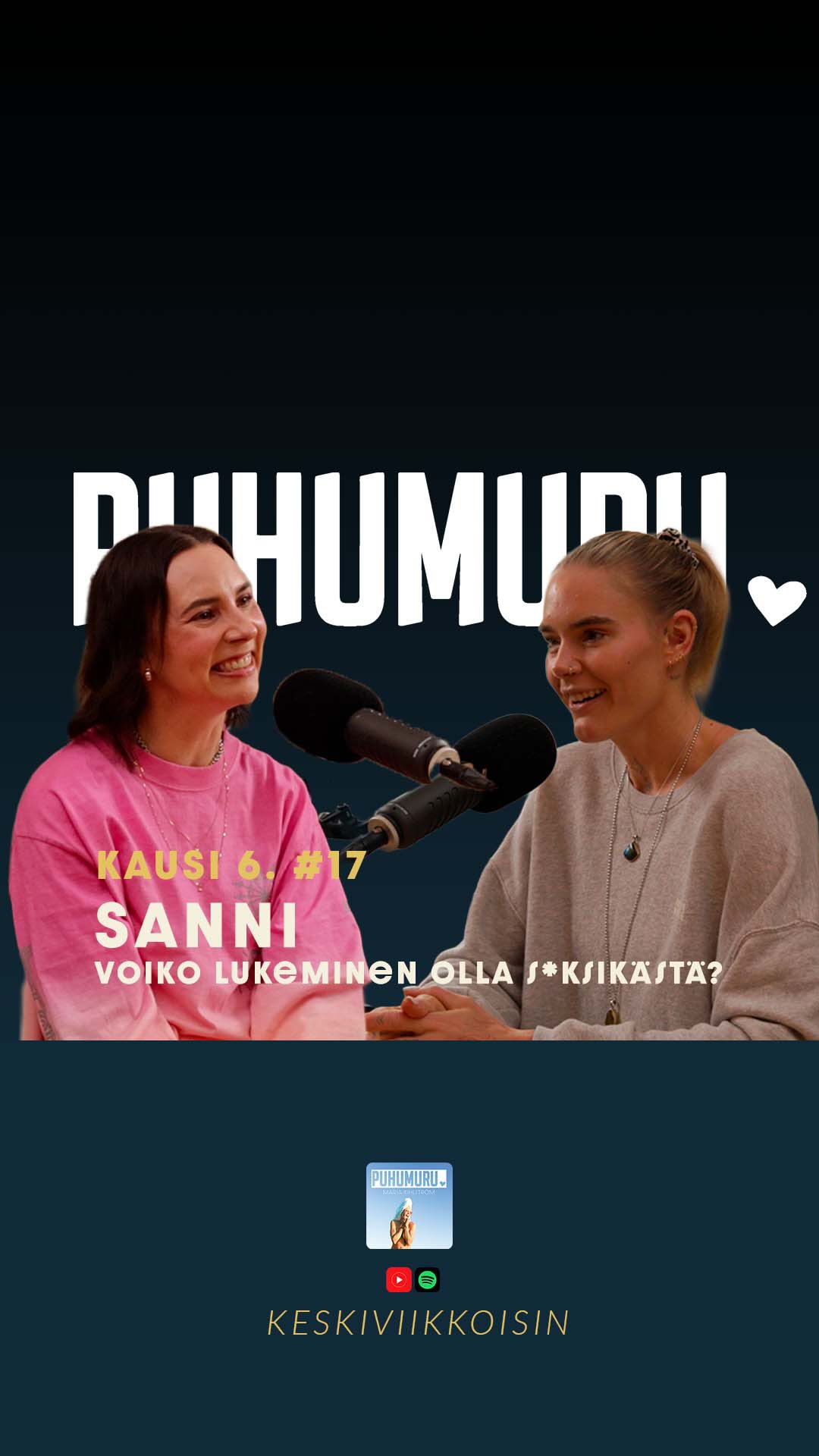 KAUSI 6. #17 SANNI – Voiko lukeminen olla seksikästä?
Mainos | Tämänkertaisen jakson sponsoroi Otava.
Tässä jaksossa Marjan vieraaksi saapuu ihana Sanni, jonka @booked_with_sanni-tili on tehnyt lukemisesta rennompaa, kutsuvampaa ja kyllä, myös vähän seksikkäämpää.
Jaksossa puhutaan romanttisesta fiktiosta, spicy-kirjoista, romantasiasta ja dark romancesta. Siitä, miksi niin sanottua “hömppää” vähätellään, vaikka juuri se voi olla monelle valtavan tärkeä hengähdyspaikka. Sanni kysyykin aiheellisesti: miksi kirjallisuutta pitää aina arvottaa niin tiukasti? Miksi onnellinen loppu, nautinto, romantiikka tai helppous olisi jotenkin vähemmän arvokasta?
Puhumme myös siitä, miten spicy-kirjallisuus voi lempeästi herätellä seksuaalisuutta. Jos seksi on ollut pitkään poissa mielestä, se voi helposti olla myös poissa kehosta. Mutta kun lukee jotain kutkuttavaa, mielikuvitus alkaa taas liikkua. Keho saattaa herätä. Ajatus seksistä voi palata ilman painetta, ilman suorittamista ja ilman sitä “nyt pitäisi” -fiilistä.
Ja ehkä juuri siksi moni nainen löytää näistä kirjoista jotain hyvin omaa. Suurin osa genren kirjoittajista on naisia, ja kirjoissa mennään usein vahvasti naisen nautinto edellä. Nainen haluaa. Nainen valitsee. Nainen omistaa oman seksuaalisuutensa. Ja joskus hän myös vapaaehtoisesti ojentaa ohjat toiselle, mutta omilla ehdoillaan.
Tämä jakso on kaikille, jotka ovat joskus kaivanneet lupaa lukea juuri sitä, mikä tuntuu hyvältä.
Ja ehkä myös sinulle, joka olet unohtanut, että mielikuvitus voi olla aika kuuma paikka. ❤️🔥#nainen #spicy #hyvinvointi #podcast