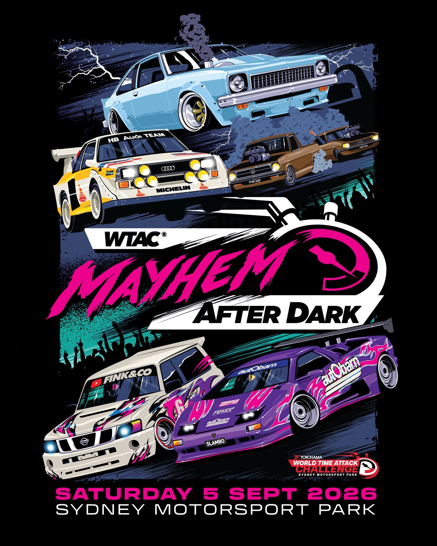 Lock it in, this is your invite to the newest, hottest automotive party in town. Something massive is coming to WTAC 2026's Drift Hill under the cover of night, and it’s called: Mayhem After Dark.
Two hours. Total automotive anarchy. Zero restrictions. We are bringing together a relentless, non-stop spectacle of world-class drift stars, high-flying rally cars, and brutal burnout machinery running at full noise and full smoke. This isn't a competition: it is an all-out exhibition of pure horsepower designed to push vehicles to the absolute limit and blow the crowd away.
Think your wild, unconventional build has what it takes to join the chaos on track and share the spotlight? For the first time ever, Expression of Interest (EOI) applications are officially open to the public. If it brings the noise and shreds tyres, we want it on the grid. EOIs close June 14th, so don't sleep on it!
Mayhem After Dark is fully included in all full-day Saturday and multi-day WTAC tickets, or you can grab a dedicated evening-only pass. 👇 Apply for the demos or lock in your tickets now! Head to WORLDTIMEATTACK.COM!
#WTAC2026 #MayhemAfterDark #Drift #Rally #Burnouts #FullNoise