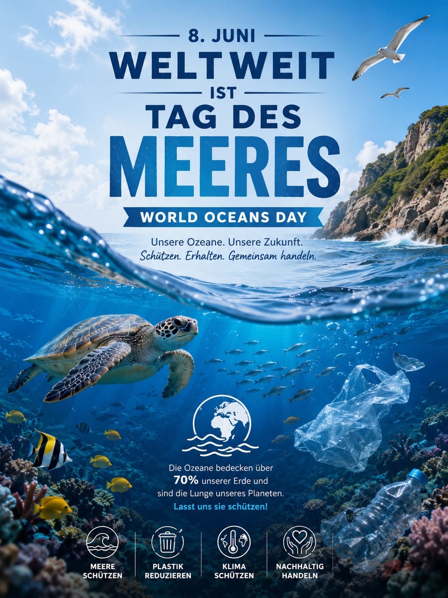 Heute ist World Oceans Day 🌊– ein Tag, um daran zu erinnern, dass jeder Beitrag zählt!
Unsere Ozeane produzieren einen Großteil des Sauerstoffs, den wir atmen, und sind Lebensraum für unzählige Arten. Doch Plastikmüll, Überfischung und der Klimawandel bedrohen dieses empfindliche Ökosystem.
Jede kleine Handlung zählt: Müll vermeiden, Plastik reduzieren und bewusster konsumieren. 💙
#worldoceansday #oceanconservation #saveouroceans #nachhaltigkeit #meeresschutz