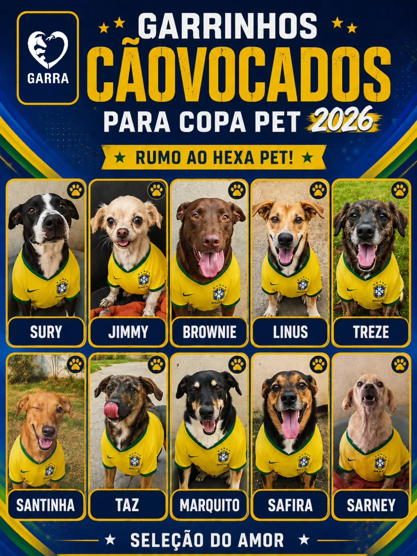 🇧🇷🐾 SAIU A CONVOCAÇÃO MAIS LINDA DO BRASIL! 🐾🇧🇷
Eles não disputam gols, disputam corações. ❤️
Apresentamos os nossos Garrinhos Cãovocados para a Copa Pet 2026: uma seleção especial de craques de quatro patas que sonham com um time, uma família e muito amor.
Quem é o seu favorito da seleção?
🐾 Deixe aqui o seu carinho pelos nossos craques de quatro patas!
#copadomundo #timedobrasil #garrinhos #onggarra #garranimal