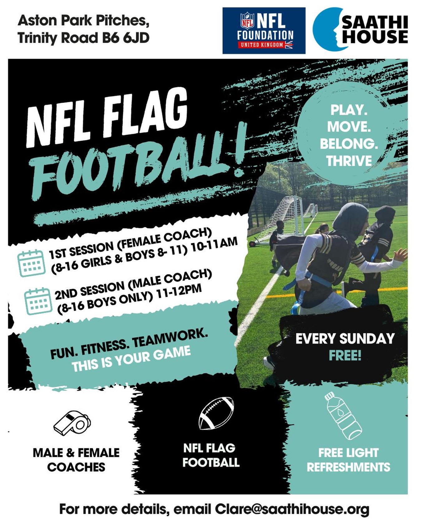 We’ve launched FREE NFL Flag Football sessions every Sunday at Aston Park! 🏈
Looking for a fun way to get your children away from screens, out of the house and active? Our NFL Flag Football sessions are a great opportunity for young people to get moving, build confidence, improve fitness and make new friends in a safe and welcoming environment.
With both male and female coaches, we have mixed sessions for girls and younger boys and a separate session for older boys.
✅ Every Sunday
✅ Ages 8-16
✅ Free light refreshments provided
Get involved and discover why NFL Flag Football is one of the fastest-growing sports for young people! @nfluk @nflflag
📍 Aston Park Pitches, Trinity Road, B6 6JD
📧 For more information: Clare@saathihouse.org
#NFLFlag #YouthSport #BirminghamKids #ScreenFreeFun