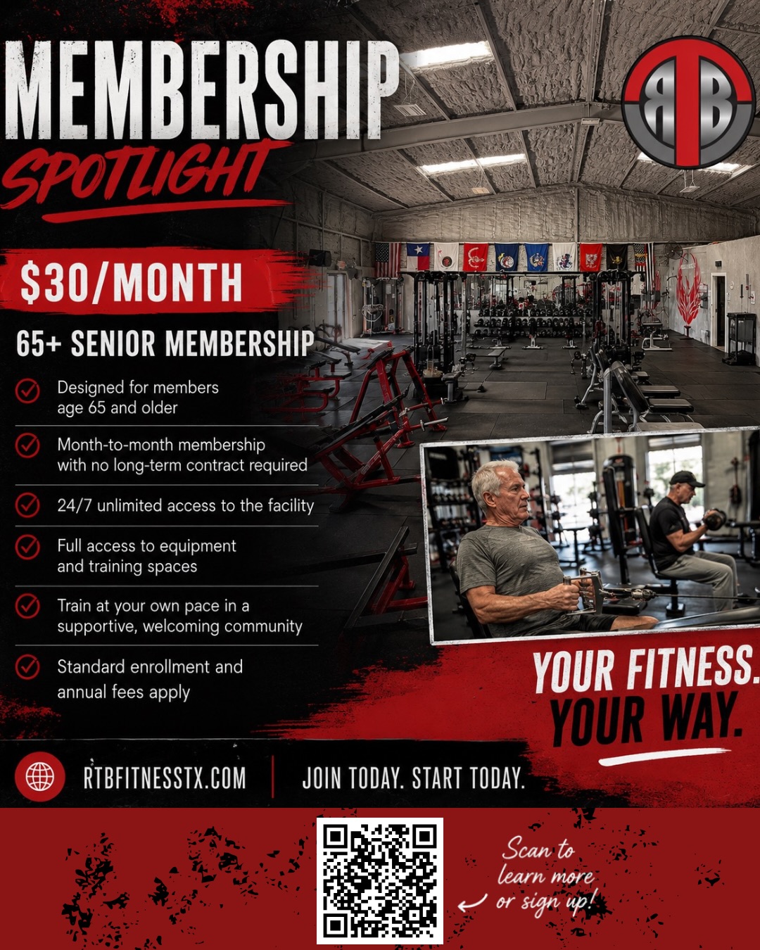 🌟 MEMBER SPOTLIGHT: 65+ SENIOR MEMBERSHIP
At Raise the BAR Fitness, we believe fitness is for every age and every stage of life.
Our 65+ Senior Membership is designed to help you stay active, maintain strength, improve mobility, and be part of a supportive community—all for just $30/month.
✅ Month-to-month membership
✅ 24/7 facility access
✅ Full access to equipment and training spaces
✅ No long-term contract required
✅ Train at your own pace
Whether you’re looking to stay strong for your grandchildren, improve your overall health, or simply enjoy a welcoming place to move and exercise, we’re here for you.
💪 Your Fitness. Your Way.
📍 Raise the BAR Fitness – Jarrell, TX
🌐 RTBFitnessTX.com
*Standard enrollment and annual fees apply.
