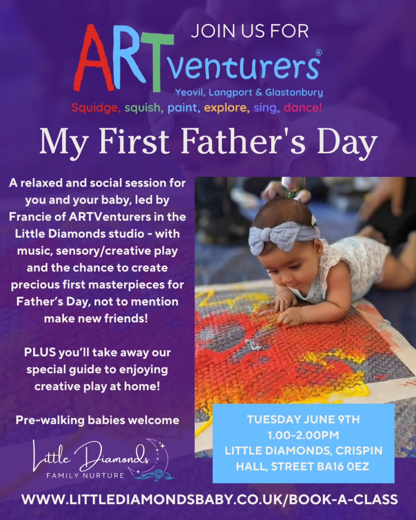 🎨 Tuesday 9th June @ 1pm - My First Father's Day with ARTVenturers Yeovil 🎨
Join us for our next AMAZING collab, this time with lovely Francie of ARTventurers ✨️
This is a relaxed and social session for you and your baby, and some fun artistic mess!
With a bit of music, sensory/creative play and the chance to create precious first masterpieces to take away for Father’s Day, this is a lovely opportunity to get messy and creative without having to worry about the mess afterwards!
We have limited spaces left, but it is such a wonderful opportunity we wanted to spread it a little further afield.
Grab them quick, here;
www.littlediamondsbaby.co.uk/book-a-class
📅 Tuesday 9th June
⏰️ 1-2pm
📍 Little Diamonds, Crispin Hall, Street BA16 0EZ
✨️ Suitable from 3 months to pre-walking
See you there for lots of fun!!
#babyclasses #messyplay #fathersday #artventurers #somerset