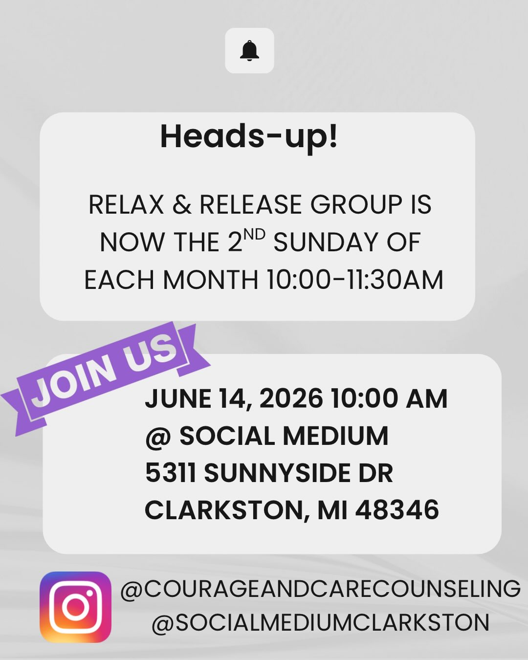 NEW DAY & NEW NAME
Relax and Release Group is now
➡️Sunday Morning Relax & Reset
➡️Second Sunday of Each Month 10:00-11:30
➡️Coffee & Community Fellowship 11:30-12:00
We cannot heal alone- community care is essential.
Talk therapy is not enough. Our bodies, also, tell the story of our mental health. Muscle tension, gi distress, fatigue, headaches, nausea. Sunday Morning Relax & Reset is a group aimed at listening to and allowing our bodies to heal, as they know how. (Buzzword! Somatic therapy).
