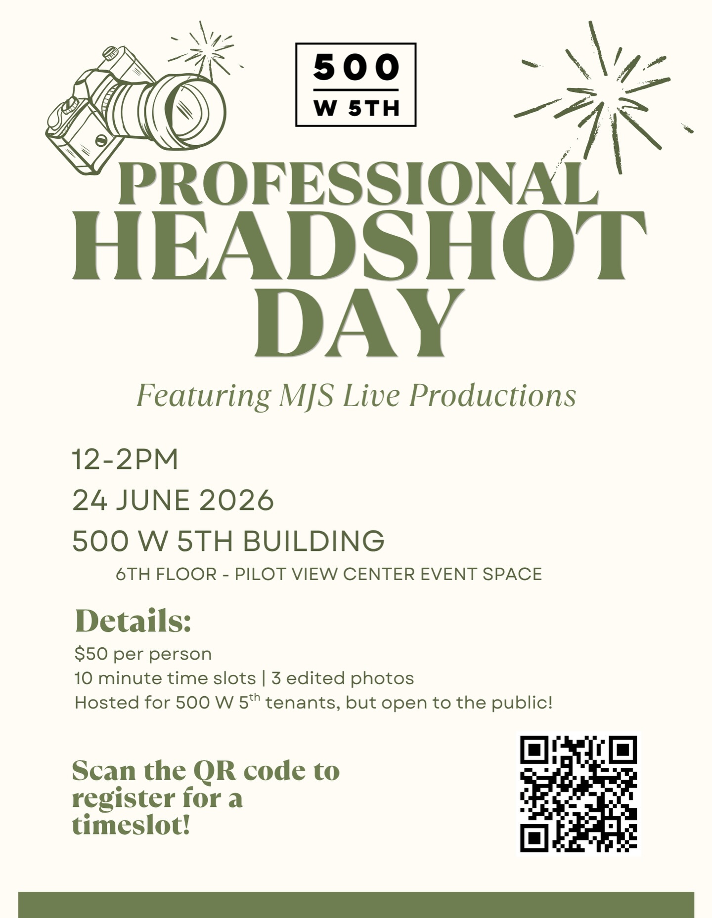 📸 Open to 500 W 5th tenants and the general public!
Stop by the 500 W 5th building on June 24th for professional headshots by @mjsliveproductions. Host by @pilotviewcenter on the 6th floor.
Visit the link to register for a time slot - mjslive.com/signup/