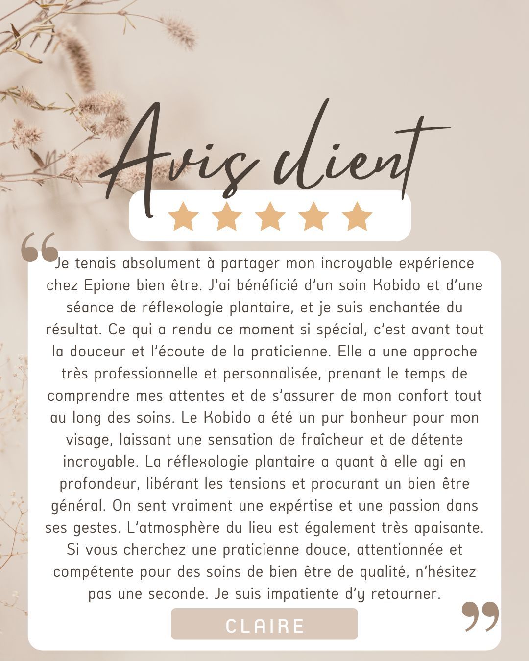 Votre avis compte pour moi ❤️
Merci Clémentine pour ta confiance et pour ces mots qui me touchent profondément ✨
Chaque retour est précieux et me rappelle pourquoi j’aime tant accompagner, prendre soin et créer ces moments de douceur 🌿
Votre ressenti est la plus belle des récompenses 🤍
#aviscliente #temoignage #retourclient #bienetre #momentpoursoi #confiance #douceur #accompagnement #merci