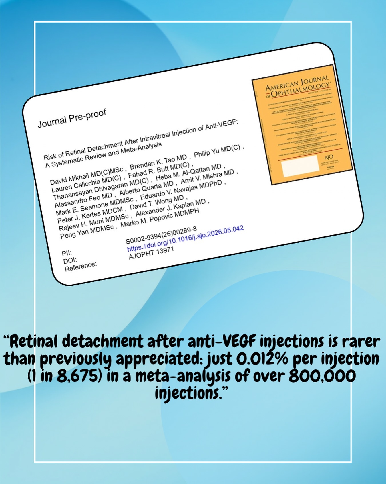 An important statistical number to share with a patient when asked about the risk of retinal detachment with anti VEGF injection.
#ophthalmology #antivegf #retinaldetachment #surgicalrisk #eyedoctorchng