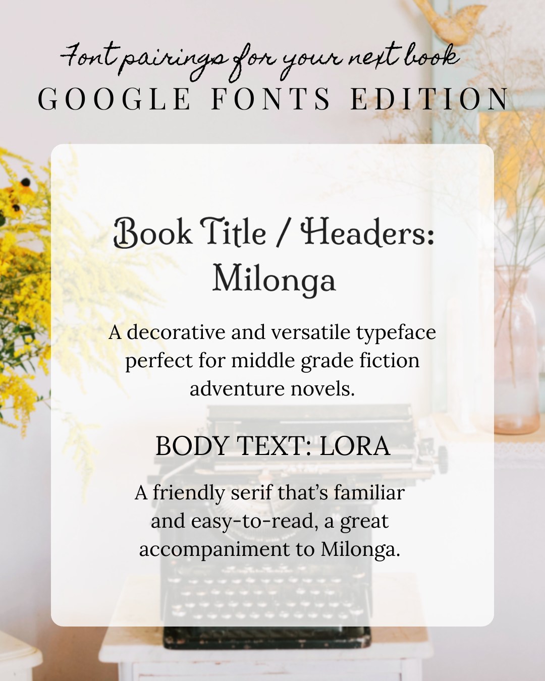 Fonts pairings for your next novel (Google Fonts edition) ✒️
Google Fonts is one of my favourite places to source free fonts for projects. They also have a big selection to choose from!
Here are some pairing suggestions for your popular genres and why they work well together...
🎨 Milonga x Lora
Decorative and easy to read, this contemporary pair strikes the right balance between adventure and legibility. Great for middle grade fiction novels.
🎨 Mountains of Christmas x Unkempt
Quirky and nostalgic, this lovely pair is familiar and fun for readers big and small. A safe bet for children's pictures books.
🎨 Iceberg x Monda
Cool and futuristic without being overly garish, this strong pair hints to secrets and danger. Perfect for YA fiction novels, particularly dystopian / sci-fi subgenres.
Check out my previous posts on Canva and MS Word options, and follow for more 🎨
Any of these catch your eye? Save them for your next project! 🤍
#BookDesign #FontPairings #DesignTips #SelfPublishing #Authorgram