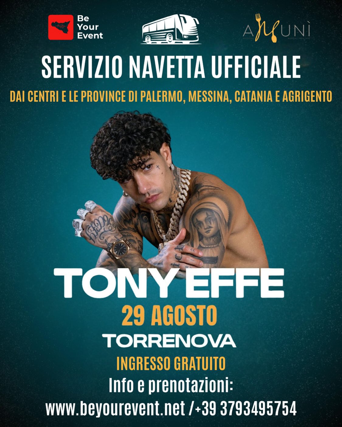 Tu pensa a divertirti, al viaggio ci pensiamo noi! 🚍 Siamo la navetta ufficiale di @amunifestival ✨
Niente stress da guida, niente problemi di parcheggio. Viaggia comodo, viaggia con noi e goditi il concerto di Tony Effe ! 🚌❤️
Prenota subito !
Info in Dm 📲✉️ o sul sito www.beyourevent.net
#tonyeffe #sicilia #amunifestival #torrenova #concerti