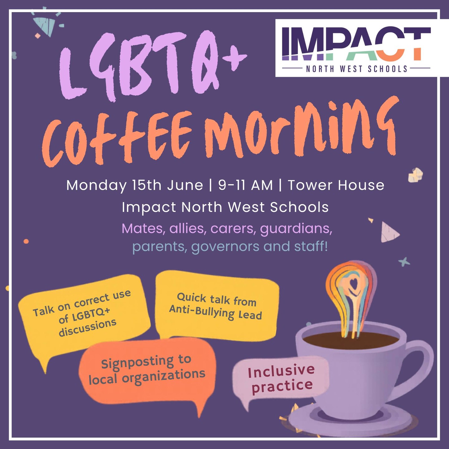 โจ ๐จ Join Us for our LGBTQ+ Coffee Morning at Impact! โ๏ธ๐ณ๏ธโ๐โจ
We are so excited to host this event, and it is open to everyone in the school community - parents, staff, governors, mates, allies, carers, and guardians! ๐โค๏ธ๐งก๐๐๐๐
Come along for a catch-up and a chat about inclusive practice, terminology, and local support. ๐ฌ๐
๐ซ๐ช Please register on our Google Form so we know numbers for seating and refreshments! ๐ฅฐ๐
๐ REGISTER HERE: https://forms.gle/8ijx5E7jdAm54VPE8
We can't wait to see you there! ๐ฌโจ
#LGBTQ #CoffeeMorning #ImpactNorthWest #Community #InclusiveSchools #Allies