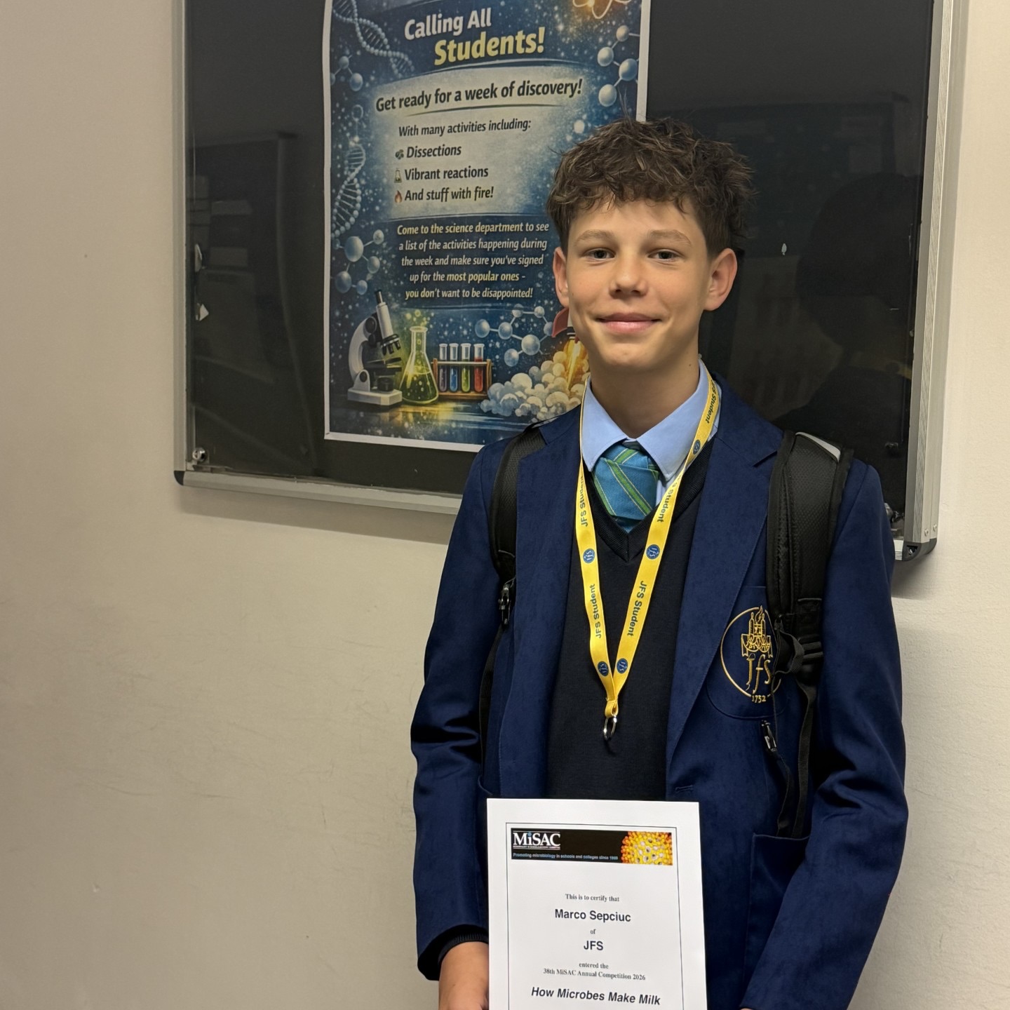 At JFS, we are committed to nurturing curiosity, innovation, and academic excellence in STEM subjects, and we are proud to celebrate the achievements of five of our students: Allegra Kalfa, Noa Druian, Maco Sepciuc, Shir Rom, and Anaelle Choukroun.
Recently, they represented the school in an international science competition, demonstrating outstanding enthusiasm, creativity, and dedication. Competing against students from around the world, all five participants received commendations from the judges - a remarkable achievement in such a highly competitive field.
Their commitment, resilience, and willingness to challenge themselves on an international stage exemplify the values we strive to instil in all our students. We are incredibly proud of their accomplishments and look forward to seeing their continued success in science and beyond.
Congratulations to Allegra, Noa, Maco, Shir, and Anaelle on this fantastic achievement!
