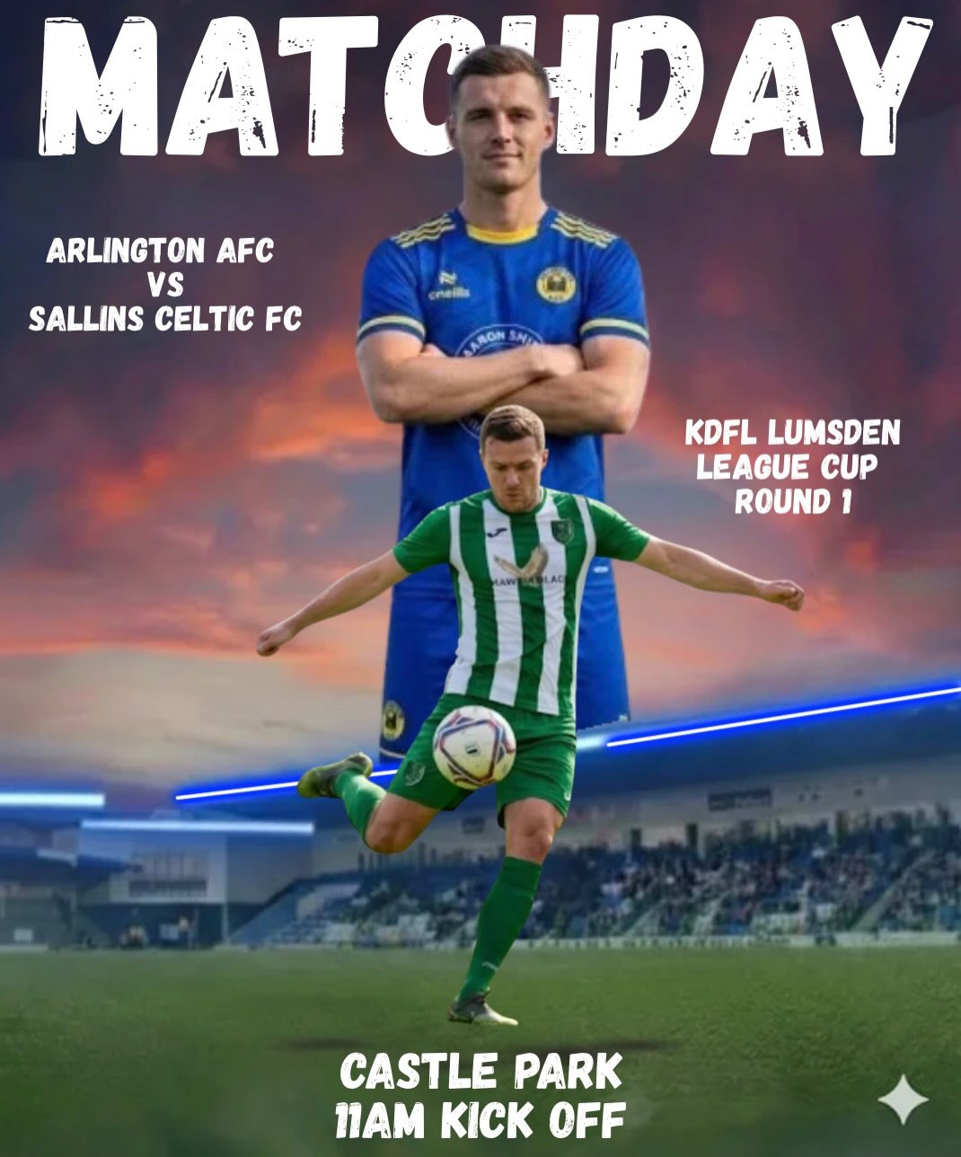 Live updates from 2 games today
11am
KDFL lumsden League Cup round 1
Arlington AFC Soccer Club v Sallins Celtic
Then at 2pm
SLF Plumbing and Heating division 3
Arlington AFC v Newbridge United FC