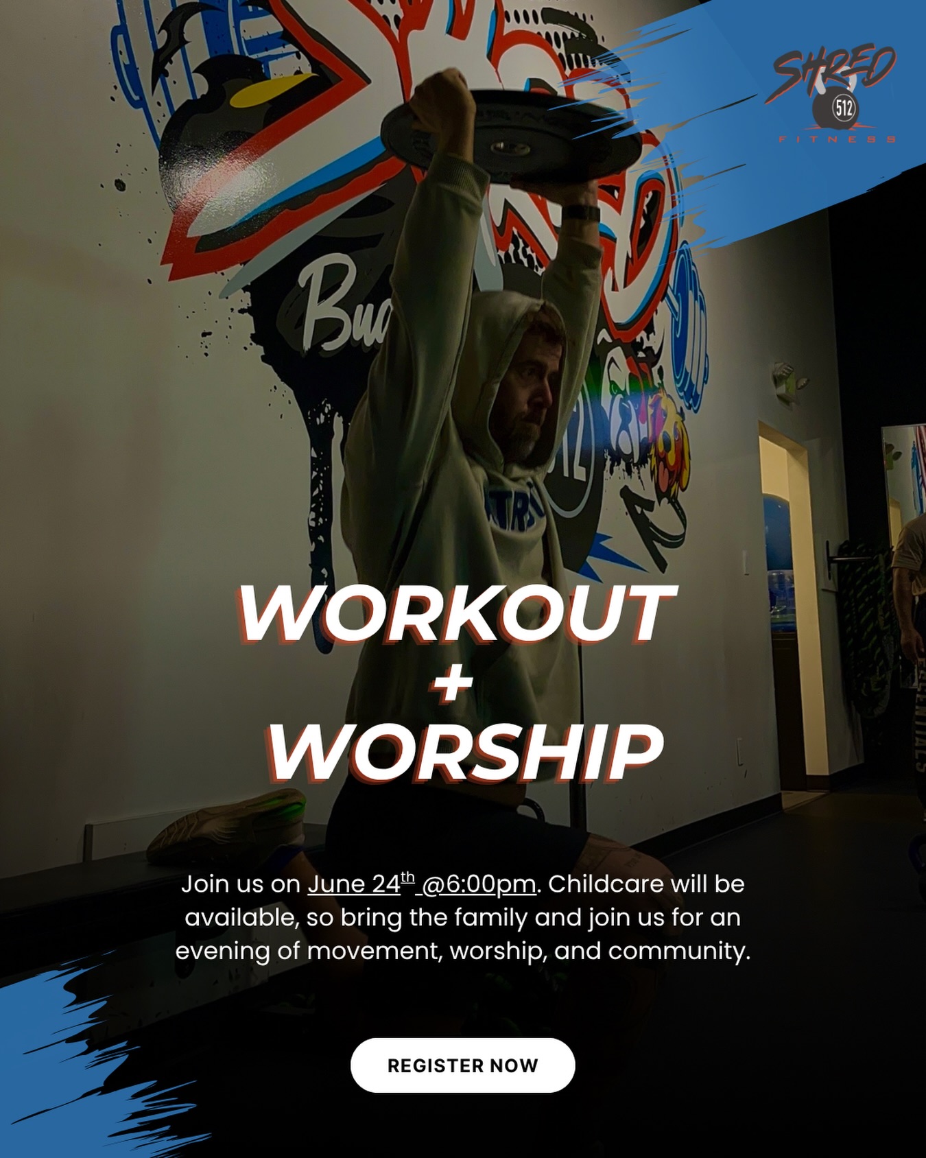 Registration is now open to book for our next Workout and Worship event on Wednesday, June 24th at 6:00pm. This is a FREE event where all fitness levels are welcome. Childcare will also be available so come join us for a special night of movement, worship, and community.