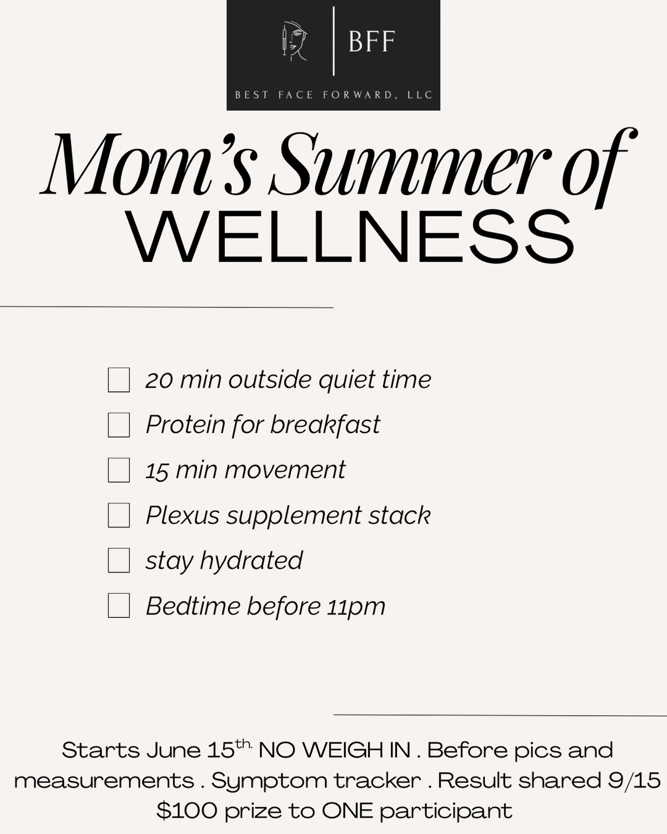 Launching the first ever BFF wellness club !! Welcome to the ultimate summer accountability group. Vacation? No problem. Kids home ? No problem ! Routines off ? No problem . This is a REAL life mom’s wellness challenge where we can cheer each other on and show up for ourselves !! Challenge starts next week and extends for 3 full months . 1 lucky participant will win a $100 CASH prize for staying consistent and choosing YOUR health and wellness this summer . Drop a 💪 below to sign up and get your supplement stack ordered before we start next week !