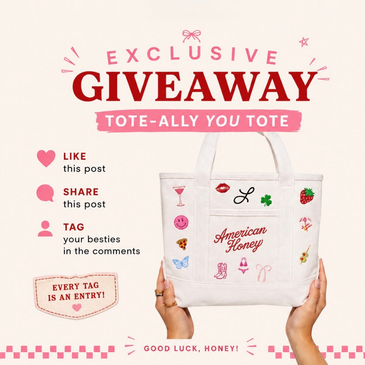 FIRST EVER GIVEAWAY! 💖✨
Let’s do something fun…
I wanted to do something extra special to celebrate this community, so we are giving away our ultimate, custom “TOTE-ALLY YOU” TOTE (a $100 value!) to one lucky winner! 🥂🍓
Whether you want it for beach days, market runs, or everyday errands, this is about to be your new favorite bag.
Here’s how to enter:
1. 🥰Follow my page
2. ❤️ LIKE this post
3. ✈️ SHARE this post to your story
4. 👯♀️ TAG your besties in the comments below! (Every tag = a fresh entry, so go wild!)
Winner will be announced Friday!
Good luck! 💋
The Fine Print: Giveaway includes 1 canvas tote bag custom-embroidered with up to 4 standard mini icons from our current design catalog. Custom or complex custom logo digitizing is excluded. Giveaway closes on Friday, June 12. Winner will be announced via our stories and DM’ed exclusively from this account.