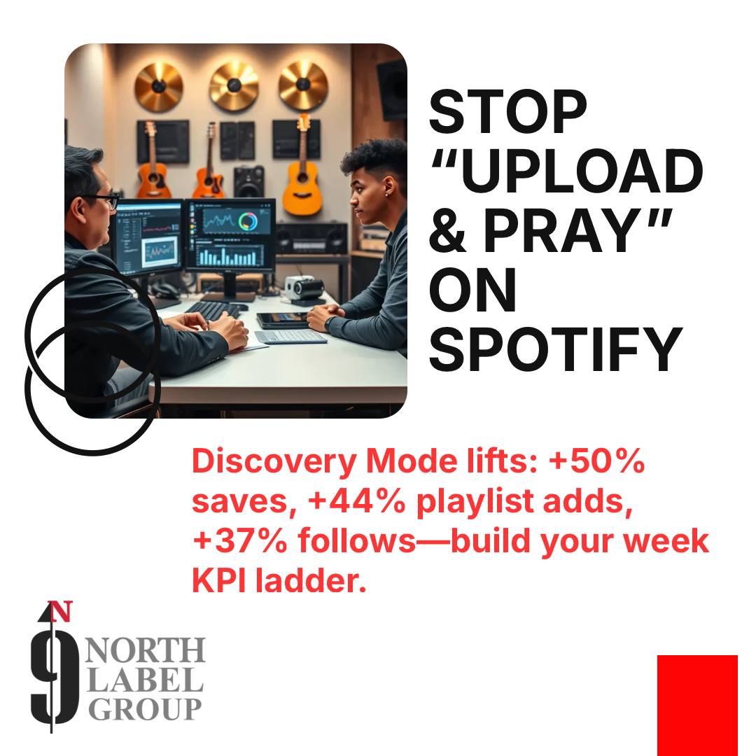 HMU: larry@ninenorthmail.com
Stop treating Spotify & Apple Music like “upload and pray.” We’re seeing Discovery Mode lift the first-month results for artists who build around one KPI ladder—save→add→follow.
Spotify’s Discovery Mode modeling shows, on average: +50% saves, +44% playlist adds, and +37% follows in the first month.
Here’s how we build release week:
Pre-save + track-by-track CTA captions (spell out what to do, not just “listen”)
Then a 7-day follow-up plan that keeps the next action clear
DM Nine North to map the KPI ladder to your next drop and what to post on each day.
#musicbusiness