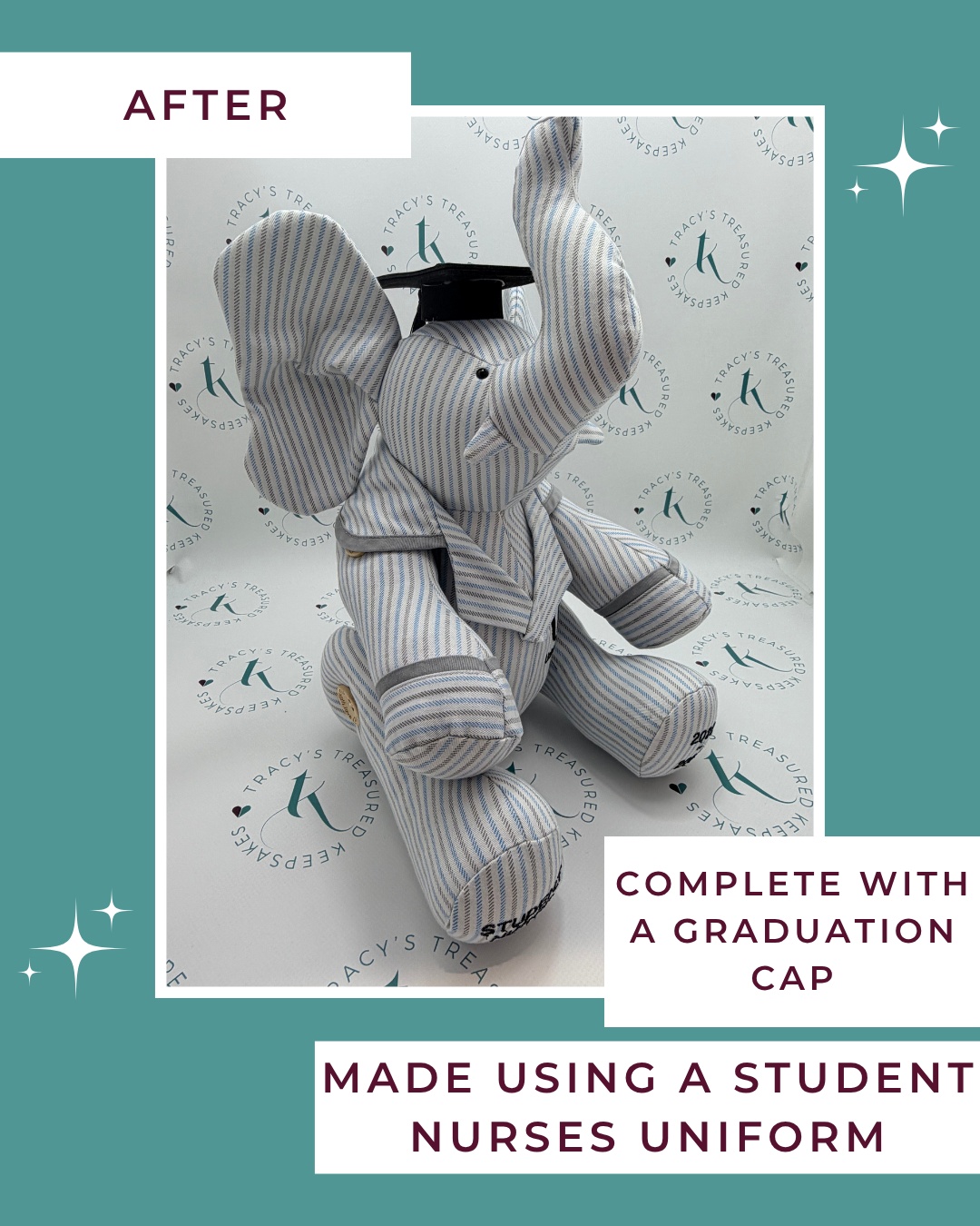 An elephant made from a student nurse uniform, complete with a graduation cap.
Every detail is chosen to celebrate the journey from first placement to qualified nurse. This is a special keepsake that not only captures the uniform, but also everything it represents.
#TracysTreasuredKeepsakes #SmallBusinessUK #PersonalisedKeepsakes #HertsCustomKeepsakes #HandmadeGiftsUK