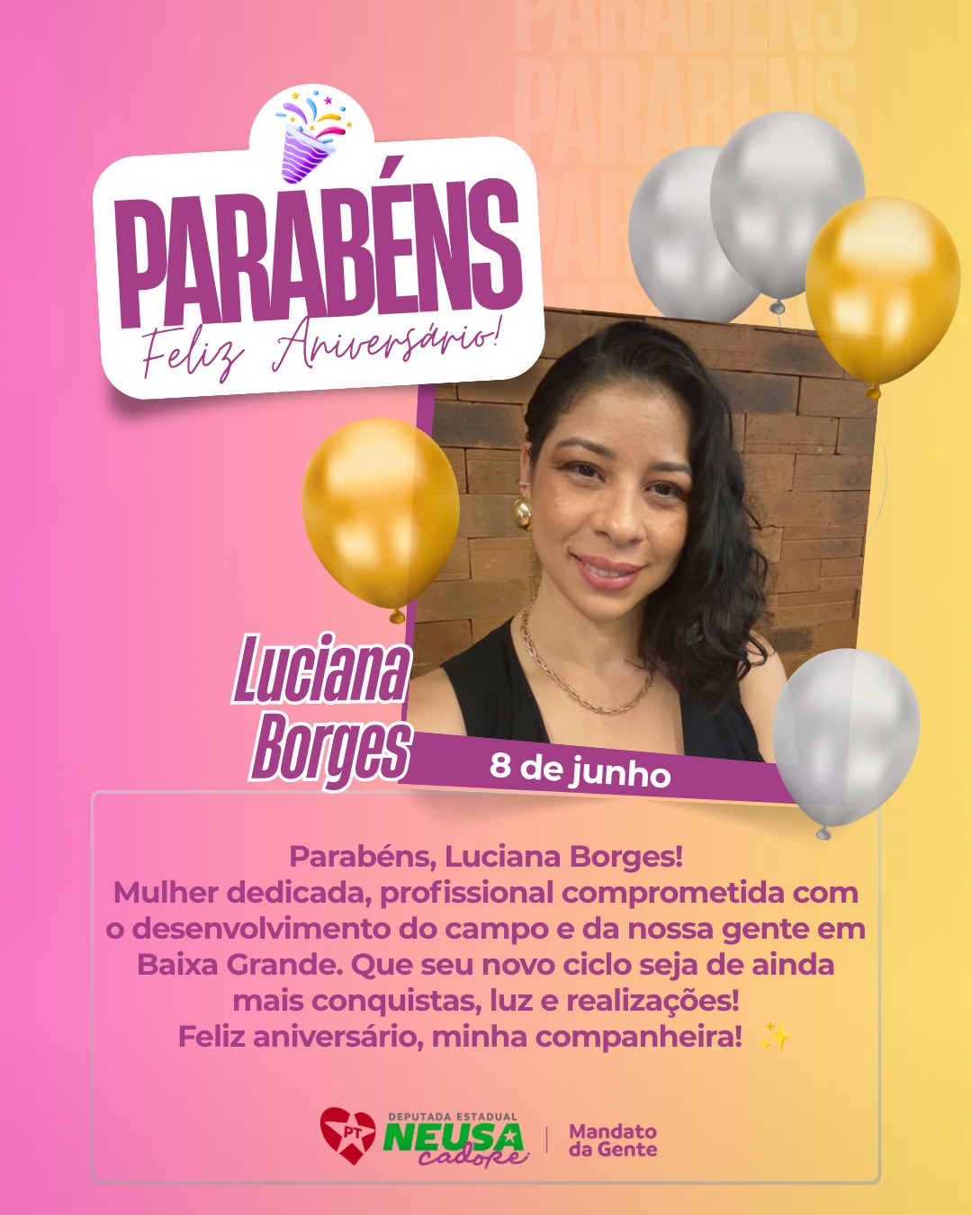Parabéns, Luciana Borges!
Mulher dedicada, profissional comprometida com o desenvolvimento do campo e da nossa gente em Baixa Grande. Que seu novo ciclo seja de ainda mais conquistas, luz e realizações!
Feliz aniversário, minha companheira! ✨