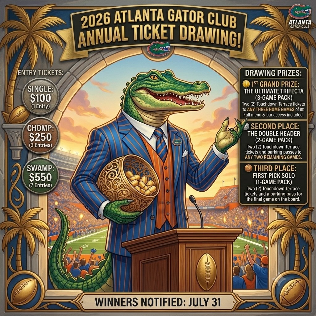 The 2026 Atlanta Gator Club Annual Ticket Drawing is HERE!
Atlanta Gators, itâs time to gear up for football season, and this year, we are completely changing the game.
Weâve revamped our annual ticket drawing to give you more flexibility, more choices, and an unprecedented Grand Prize.
Don't miss your chance to secure the best seats in the house for the 2026 season.
The entry deadline is July 30. All winners will be drawn and notified on July 31. Good luck, and GO GATORS!
Remember that ALL profits support the Atlanta Gator Club Scholarship Fund, helping local students head to the University of Florida.
https://buff.ly/OqATQXt