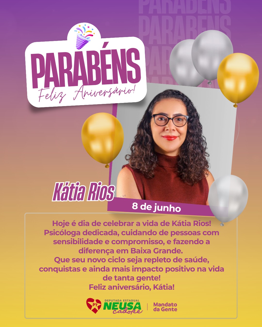 🎉 Hoje é dia de celebrar a vida de Kátia Rios!
Psicóloga dedicada, cuidando de pessoas com sensibilidade e compromisso, e fazendo a diferença em Baixa Grande. 💙
Que seu novo ciclo seja repleto de saúde, conquistas e ainda mais impacto positivo na vida de tanta gente!
Feliz aniversário, Kátia! 🎂✨