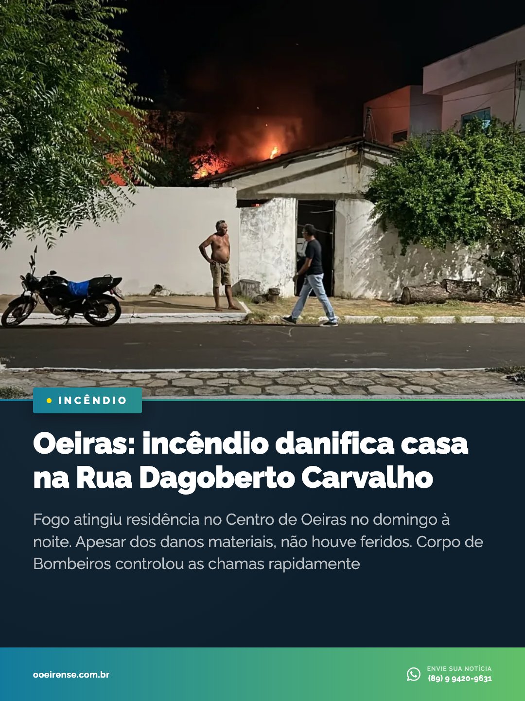 Um incêndio causou danos significativos em uma casa na Rua Dagoberto Carvalho, no Centro de Oeiras, na noite de domingo.