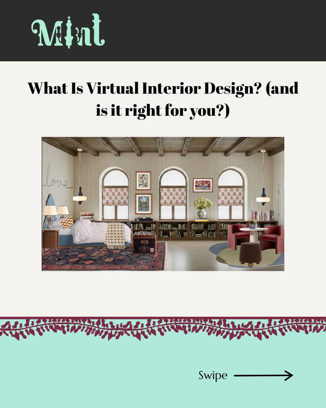What Is Virtual Interior Design?
Virtual interior design is professional interior design, delivered entirely online. You receive a beautifully curated space, designed around your style, your budget, and your life without the hassle.
At Mint Decor Miami, here's how it works: you share your space, we design your vision, you receive a full design package, and you shop + style at your own pace. That's it.
Swipe through to see if virtual design is the right fit for you, and read the full breakdown through the link in bio!