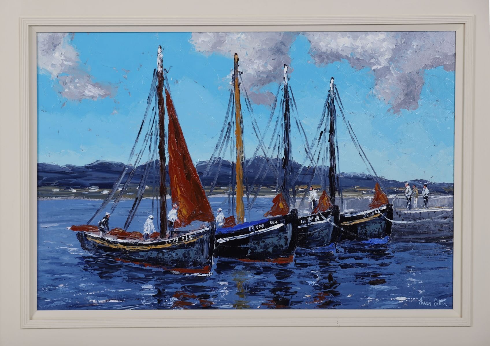 SOLD. Sheppards DURROW Art Auction today @ 2pm. “Arriving Galway Hooker, Roundstone”. Oils. Canvas 50/75cm. Guide €1500.