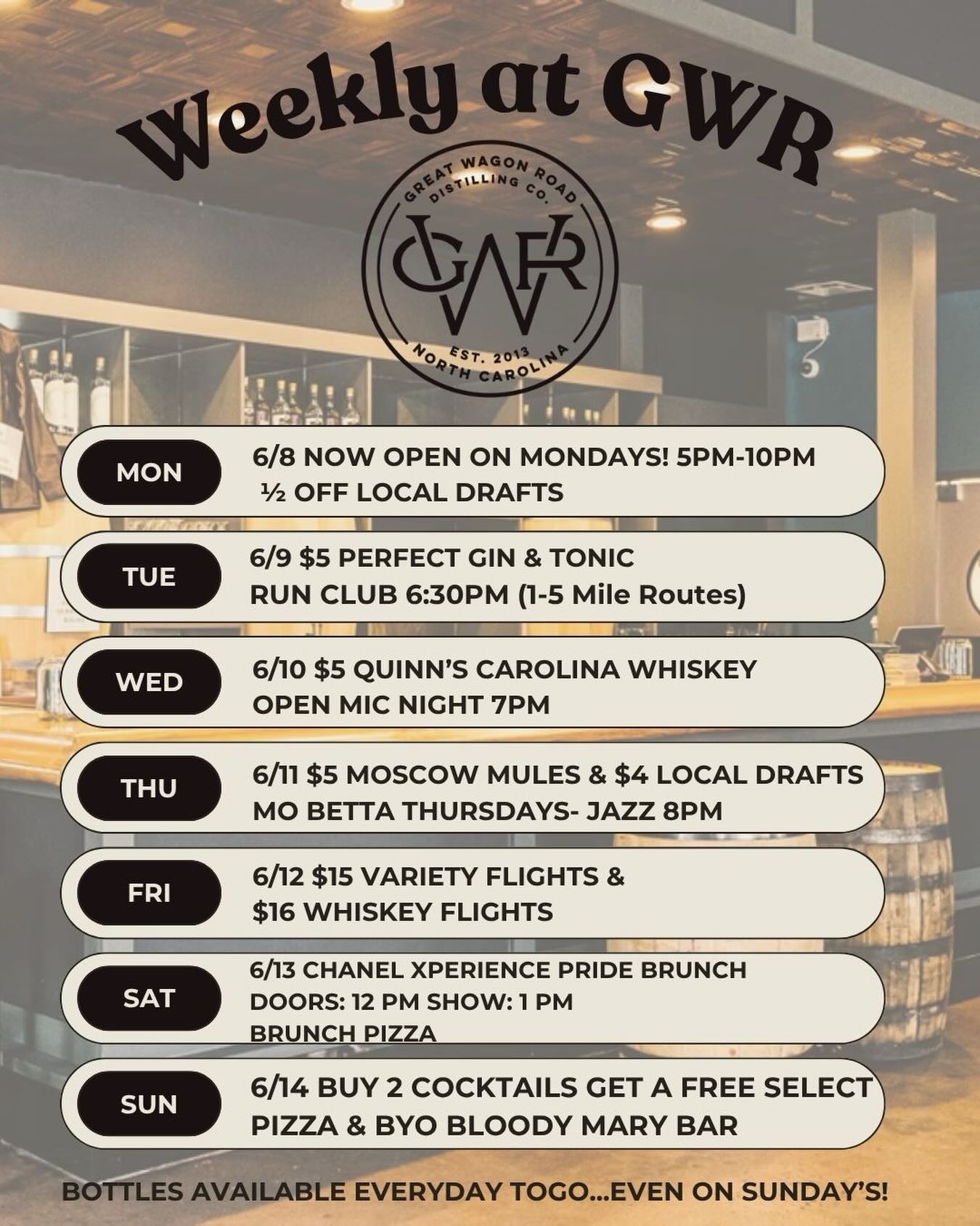 Your week just got a whole lot better. 🍸🍕🎶
From Run Club and Open Mic Night to live jazz, whiskey flights, Pride Brunch, and our Sunday BYO Bloody Mary Bar, there’s something happening every day at Great Wagon Road Distillery.
Gather your crew, grab a cocktail, and make GWR your home base all week long.
📍 NoDa
🥃 Craft spirits distilled in-house
🍕 Pizza, cocktails, events & good vibes
Which day are we seeing you? 👇
Tickets for Chanel Xperience Drag Brunch: https://www.eventbrite.com/e/chanel-xperience-pride-brunch-tickets-1990800416637?aff=oddtdtcreator&keep_tld=true
Reserve your spot for a distillery tour! (Every first Saturday of the month): https://gwrdistilling76.rezdy.com/523374/noda-distillery-tour%22
#GreatWagonRoadDistillery #NoDaCharlotte #CharlotteNC #CraftCocktails #charlotteevents