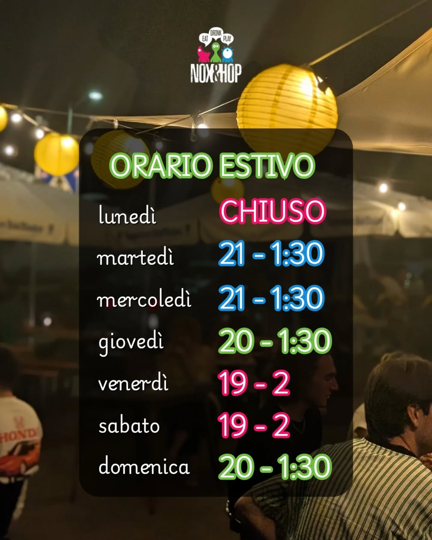 🚨 Nuovo orario ⚠️
❌ Lunedì CHIUSI ❌
🍺 Martedì 21-1:30
🍹 Mercoledì 21-1:30
🍔 Giovedì 20-1:30
✨ Venerdì 19-2
✨ Sabato 19-2
🍰 Domenica 20-1:30
Burger SEMPRE disponibili ✔️
GRANDE NOVITÀ 👉🏻 venerdì e sabato Happy Hour dalle 19 alle 20:30 🍹aperitivo a prezzo pop 🔥
📍 Nox&Hop ludopub 🎲 viale Ivo Montagni 190 Limite sull'Arno (FI)