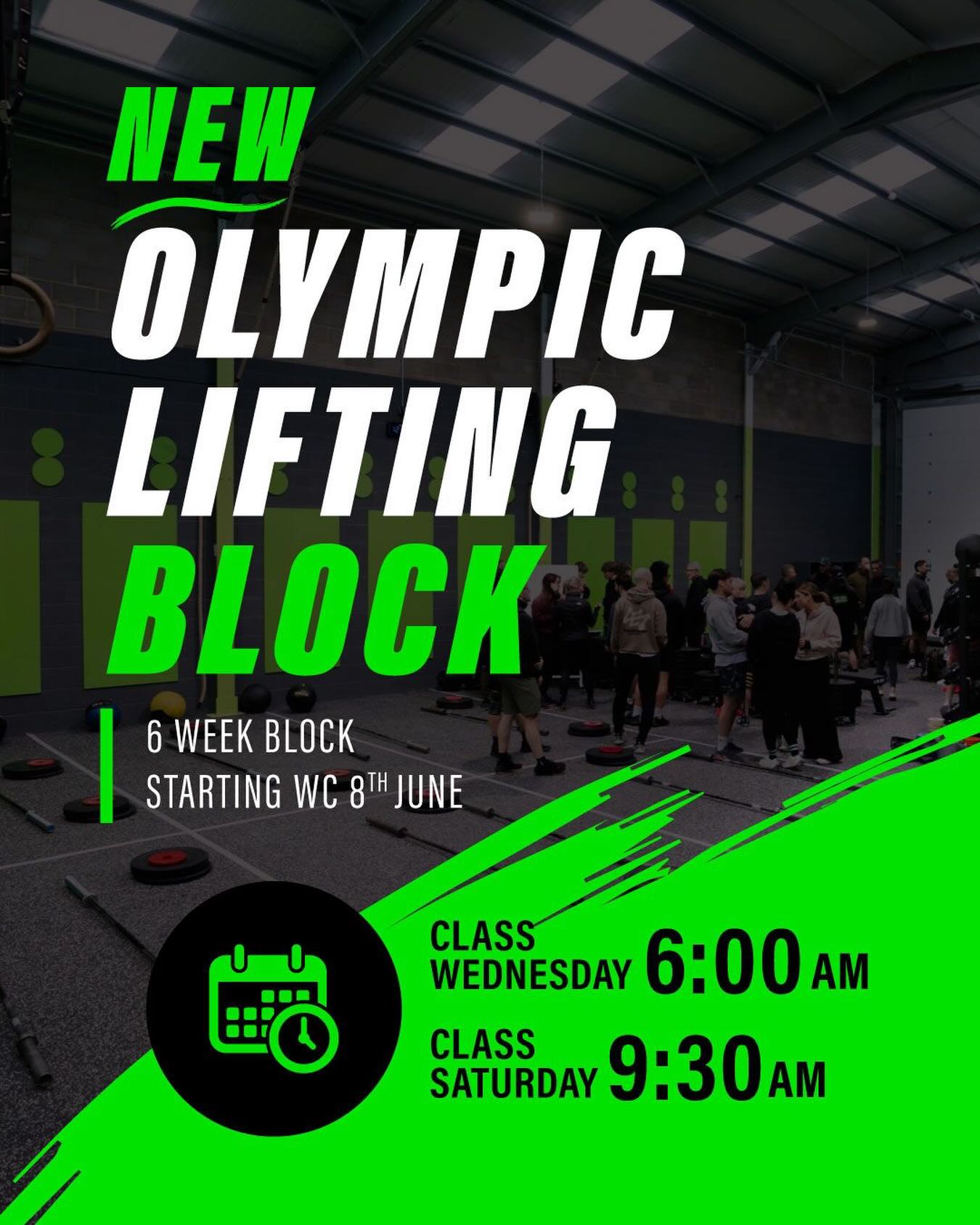 🏋️ NEW 6-WEEK OLYMPIC LIFTING BLOCK 🏋️
🟢 A structured progression designed to improve technique, confidence under the bar, and lifting performance.
Week 1 – POWER
Power Snatch
Power Clean + Push Jerk
Week 2 – STABILITY
Power Snatch + Overhead Squat
Power Clean + Split Jerk
Week 3 – TRANSITION
Hang Snatch + Snatch
Hang Clean + Clean + Jerk
Week 4 – FULL LIFTS
Squat Snatch
Clean & Jerk
Week 5 – HEAVY DOUBLES
Week 6 – MAX SINGLES
🟢 Whether you’re new to Olympic lifting or chasing bigger numbers, this block will help you build stronger positions, better movement, and more confidence overhead.
📅 Wednesdays 6am
📅 Saturdays 9:30am
🟢 Show up consistently. Trust the process. And watch the lifts fly.