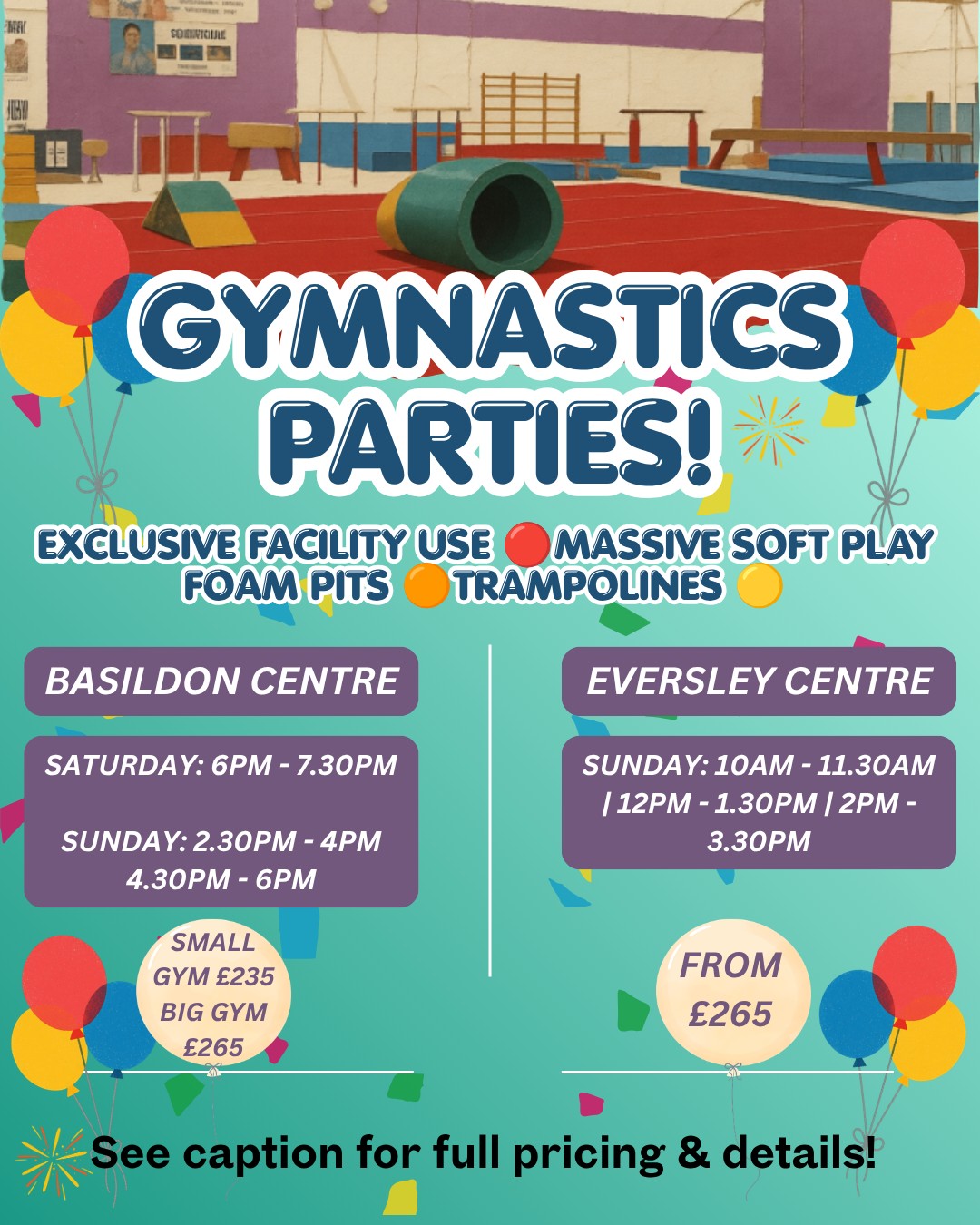Looking for a birthday party venue that stands out from the crowd? 🤸♂️✨
What’s included?
🔴 Exclusive use of the facility
🟠 Massive soft play areas & foam-filled pits
🟡 Trampoline fun to bounce the day away
🟢 Foam filled pits
🗓️ PARTY TIMINGS
📍 Basildon Centre
Saturday: 6:00pm - 7:30pm
Sunday: 2:30pm - 4:00pm | 4:30pm - 6:00pm
📍 Eversley Centre
Sunday: 10:00am - 11:30am | 12:00pm - 1:30pm | 2:00pm - 3:30pm
👥 GUEST NUMBERS & SAFETY
Standard packages cover up to 30 children.
We require an adult-to-child supervision ratio of 1:5.
Want to invite more? Add up to 10 extra children (requested 6 weeks in advance) for just £45 (1.5-hour party) or £52 (2-hour party).
💰 PACKAGES & PRICING
⏱️ 1.5-Hour Parties
Small Gym (Basildon): £235
Big Gym (Basildon & Eversley): £265
⏱️ 2-Hour Parties
Small Gym (Basildon): £275
Big Gym (Basildon & Eversley): £315
(Please note: Prices are subject to an annual increase. A £60 non-refundable deposit is required at the time of booking to secure your date).
📞 HOW TO BOOK
Our parties must be booked well in advance. Check availability and secure your spot today by calling our offices:
📞 Basildon: 01268 722479
📞 Eversley: 01268 557771
Don't forget to pop into the office for more information and to grab your copy of the Party Agreement prior to booking!🥳
#SEGC #GymnasticsParty #KidsPartiesEssex #GymnasticsFun #EssexMums