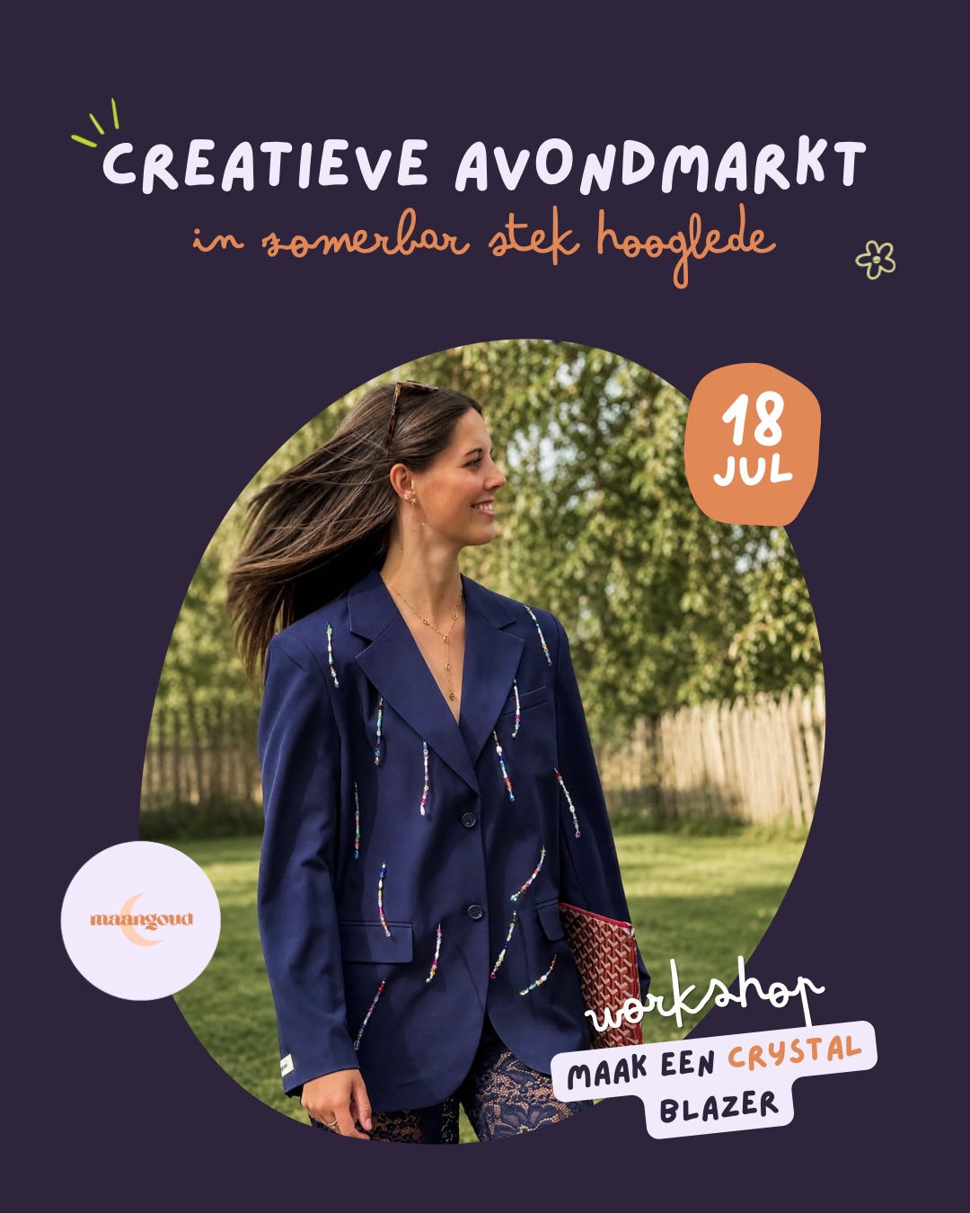 Opgelet: grote kans dat dit jouw favoriete blazer wordt 🌻🌾 Een ontspannen zomeravond vol leuke standjes, gezellige babbels, heerlijke drankjes en hippe workshops. Tover jij jouw blazer om tot een Crystal Blazer? 🥰 Schrijf je nu in op www.maangoud.be 💖
In samenwerking met @cadoco_younique • @stek.gits • @stekgrond 🎶🌻🍹🌸🫰🏻
#zomermarkt #workshop #avondmarkt @uitx___ @vlieg #wattedoen #westvlaanderen