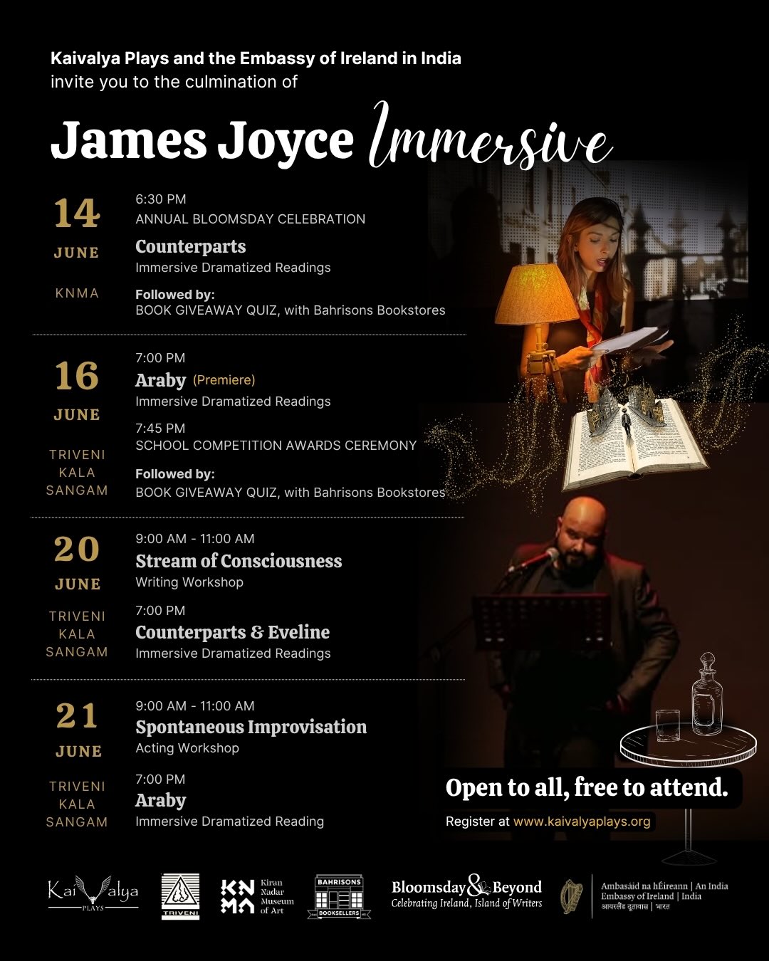 📚🇮🇪 Celebrating James Joyce this Bloomsday with @irelandinindia
Over the past year, we've been reading, performing, discussing and teaching the works of James Joyce across India as part of our James Joyce Immersive series with the Embassy of Ireland in India and other partners.
This June, we're bringing the programme to a close with a week of performances, workshops, literary quizzes, school outreach events, and a special exhibition.
Across the week we'll encounter some of Joyce's most memorable characters: a frustrated office clerk, a young woman standing at a crossroads, and a boy whose dreams collide with reality.
👉 Swipe to see the full schedule and registration details.
Discover all that's happening and register on our website: kaivalyaplays.org/whats-on
All events are free and open to all. Do join us :)
