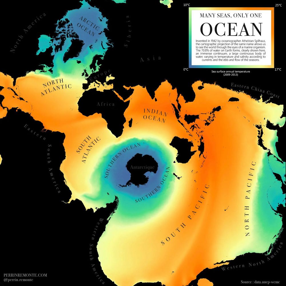 #MapMonday On this day in 1992, the first World Oceans Day was celebrated, which coincided with the Earth Summit held in Rio de Janeiro. This map, ‘Many Seas Only One Ocean’ is an example of Spilhaus World Ocean Map Projection (seamless ocean depiction) with the addition of sea surface temperatures from 0°C – 25°C.
Source: https://www.perrinremonte.com/expe-eng?itemId=gregcuqwzwg6eiw0zex1gisjdnzo5d
